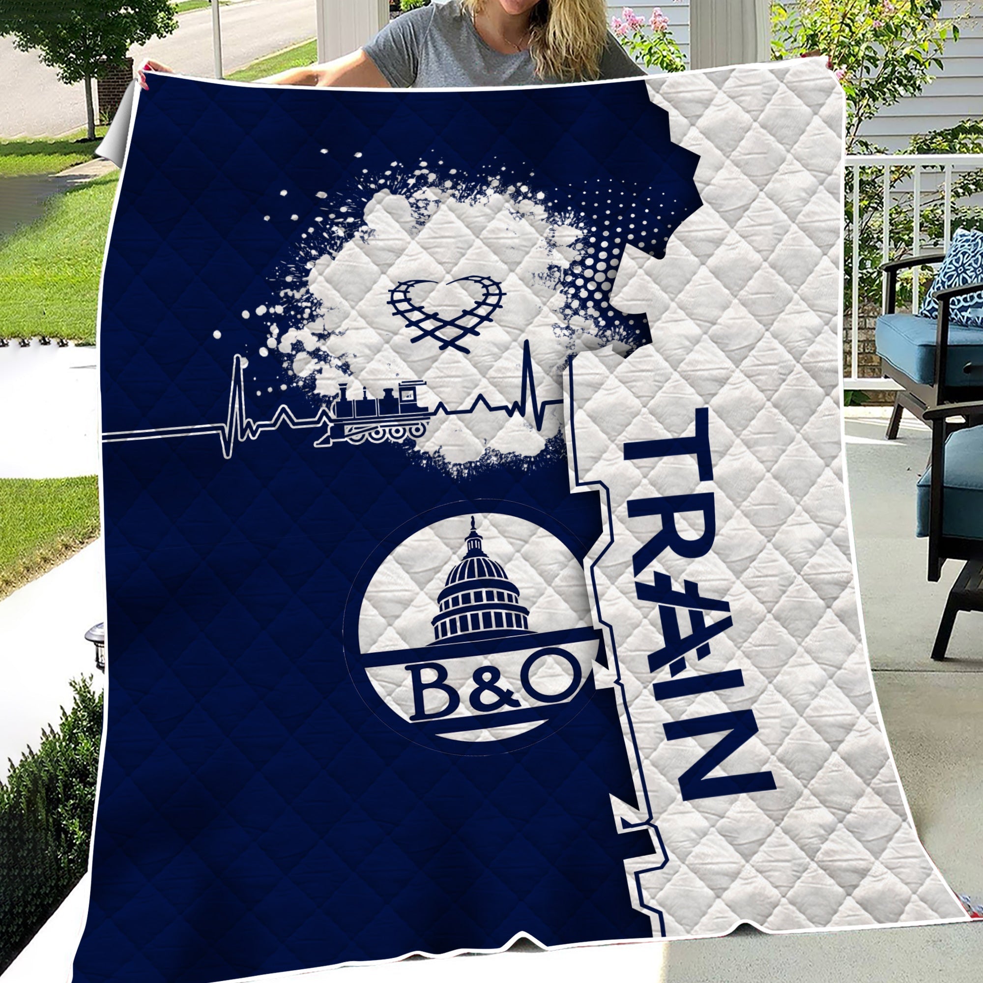 Railspirit Baltimore and Ohio Railroad Premium Quilts Engine Heartbeat and Track Love Style B&O Quilts Gift Idea For Train Lovers