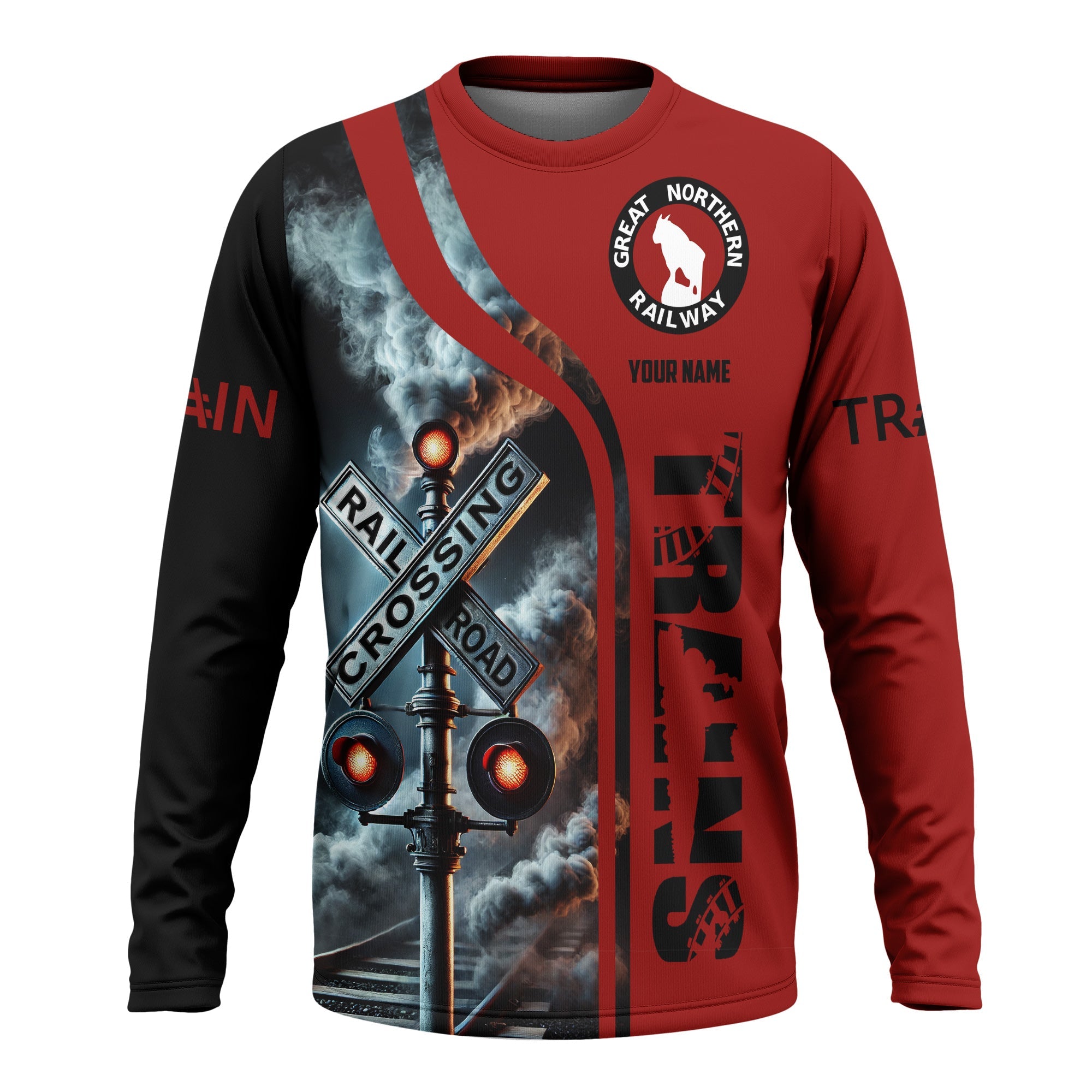 Railspirit Custom Name Great Northern Railway Long Sleeve Shirt Railroad Crossing Sign GNR Printed Train Shirt