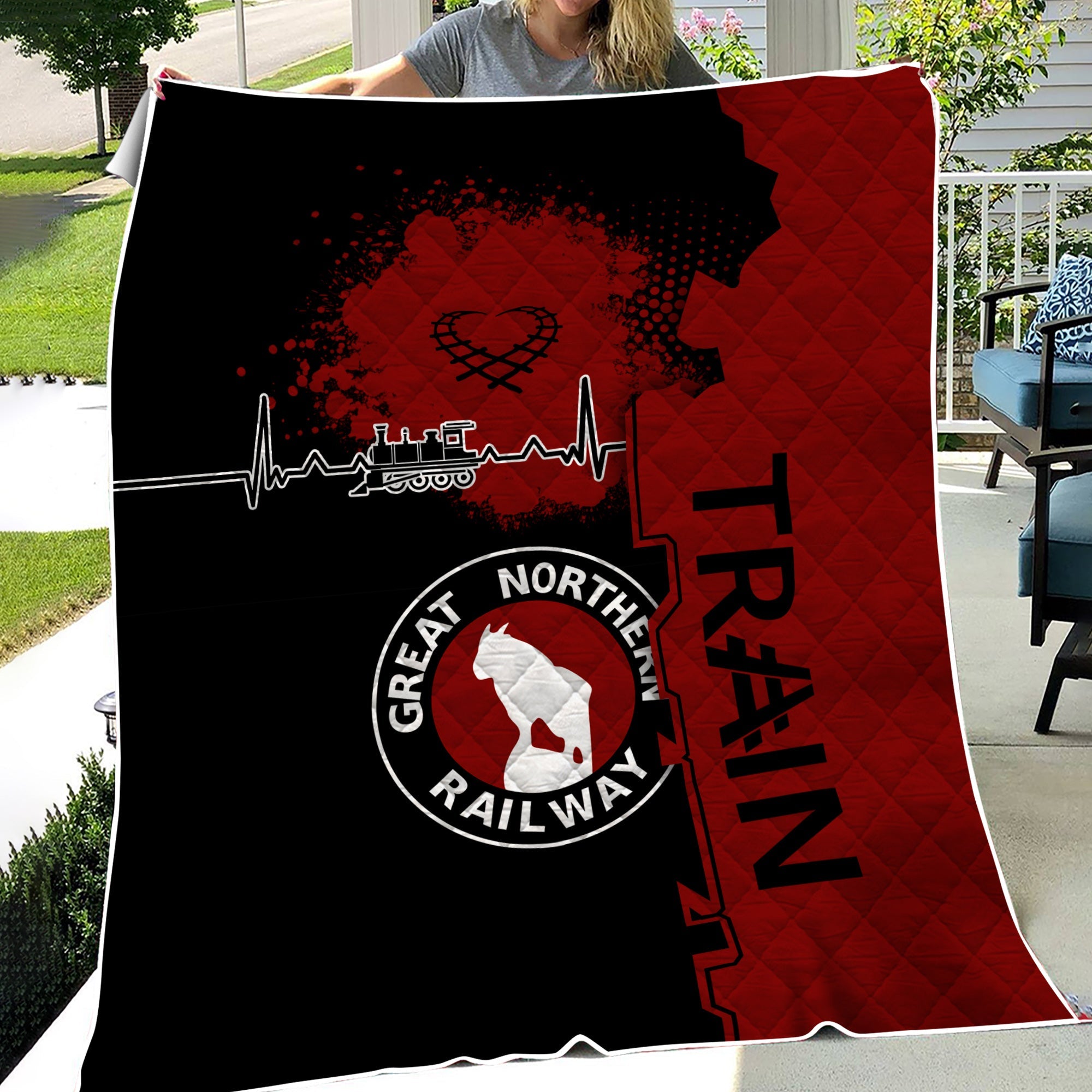 Railspirit Great Northern Railway Premium Quilts Engine Heartbeat and Track Love Style GNR Quilts Gift Idea For Train Lovers