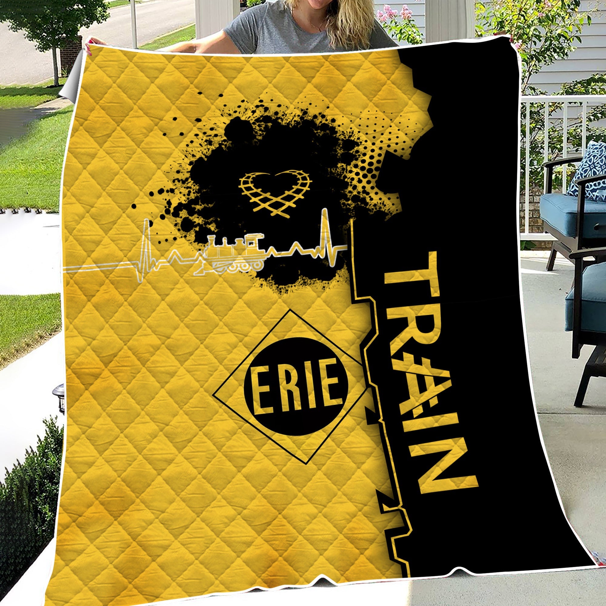 Railspirit Erie Railroad Premium Quilts Engine Heartbeat and Track Love Style Quilts Gift Idea For Train Lovers