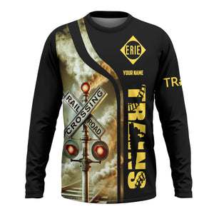 Railspirit Custom Name Erie Railroad Long Sleeve Shirt Railroad Crossing Sign Printed Train Shirt