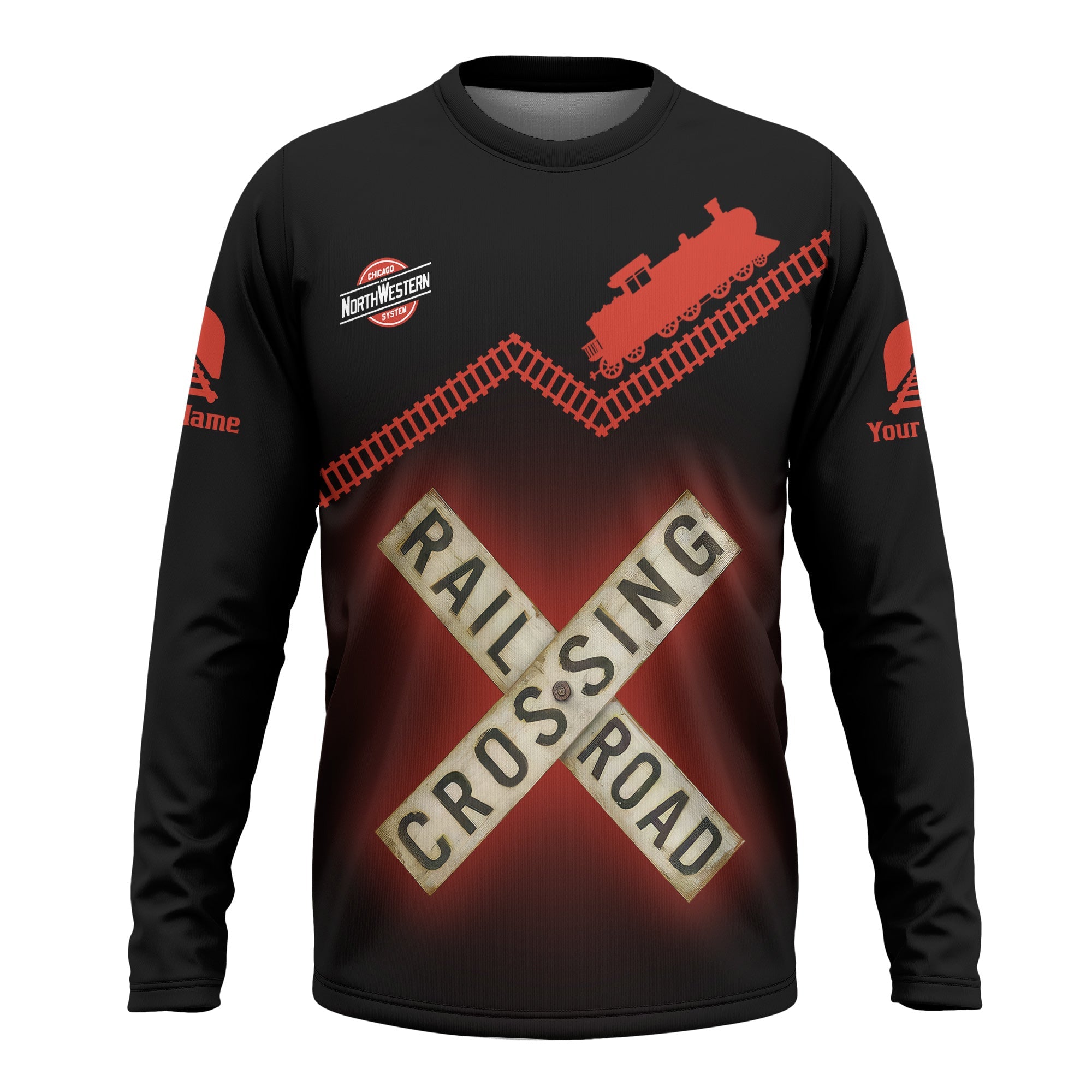 Railspirit Personalized Chicago and North Western Railway Long Sleeve Shirt Railroad Crossing Printed Train Track Shirt