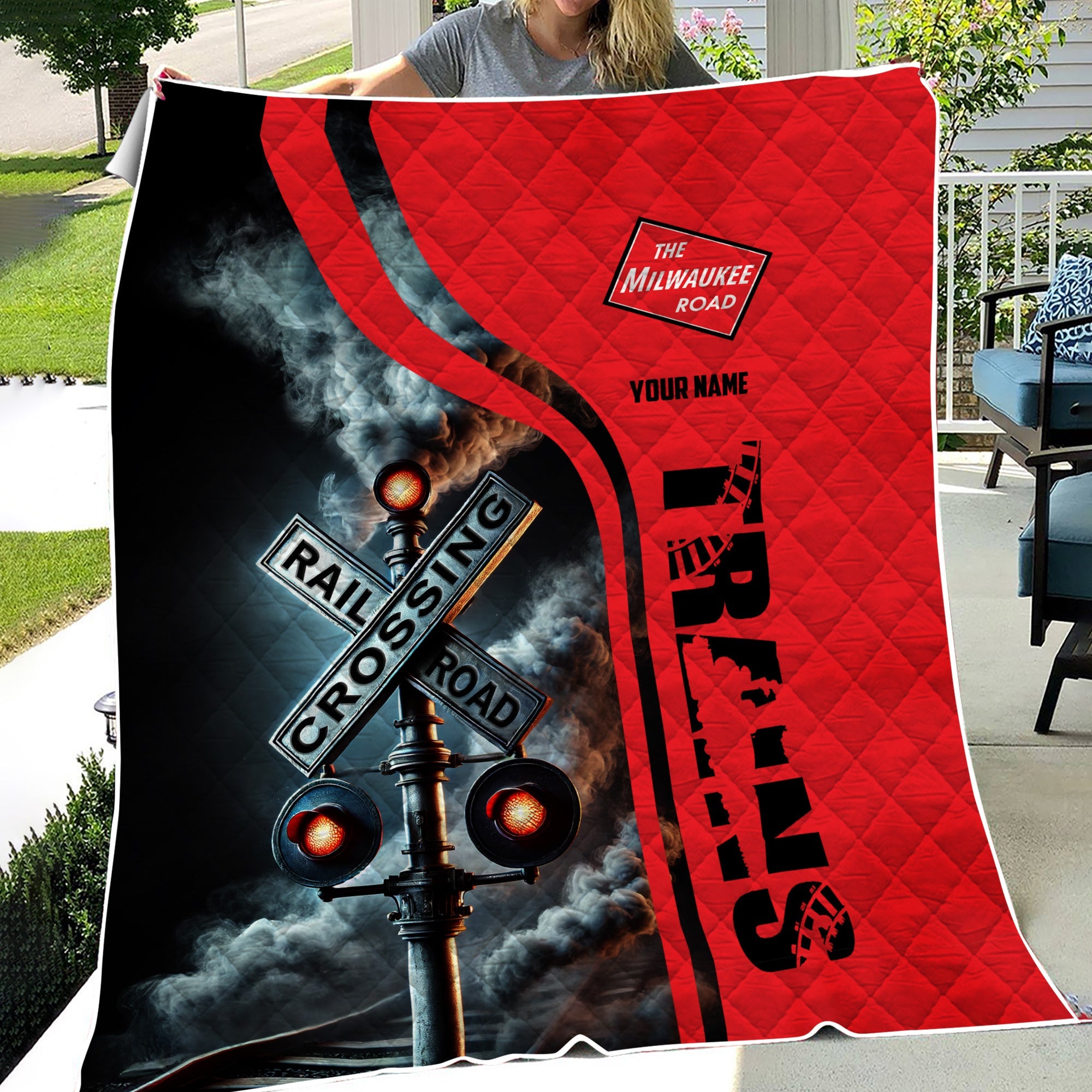 Railspirit Personalized Chicago, Milwaukee, St. Paul and Pacific Railroad Premium Quilts Railroad Crossing Sign Milwaukee Road Quilts All Over Print