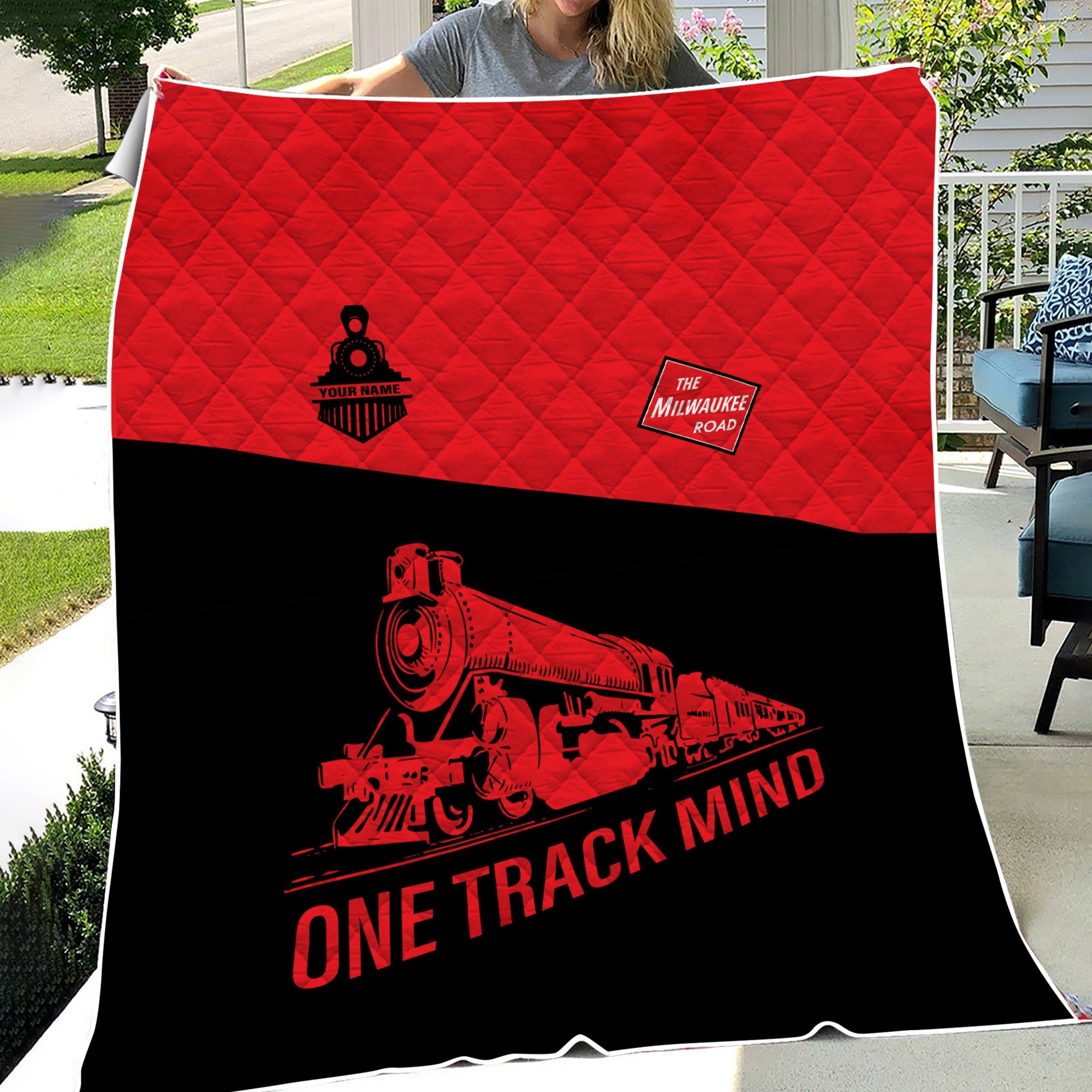 Railspirit Personalized Chicago, Milwaukee, St. Paul and Pacific Railroad Premium Quilt One Track Mind Milwaukee Road Train Premium Quilt Gift Idea For Train Lover