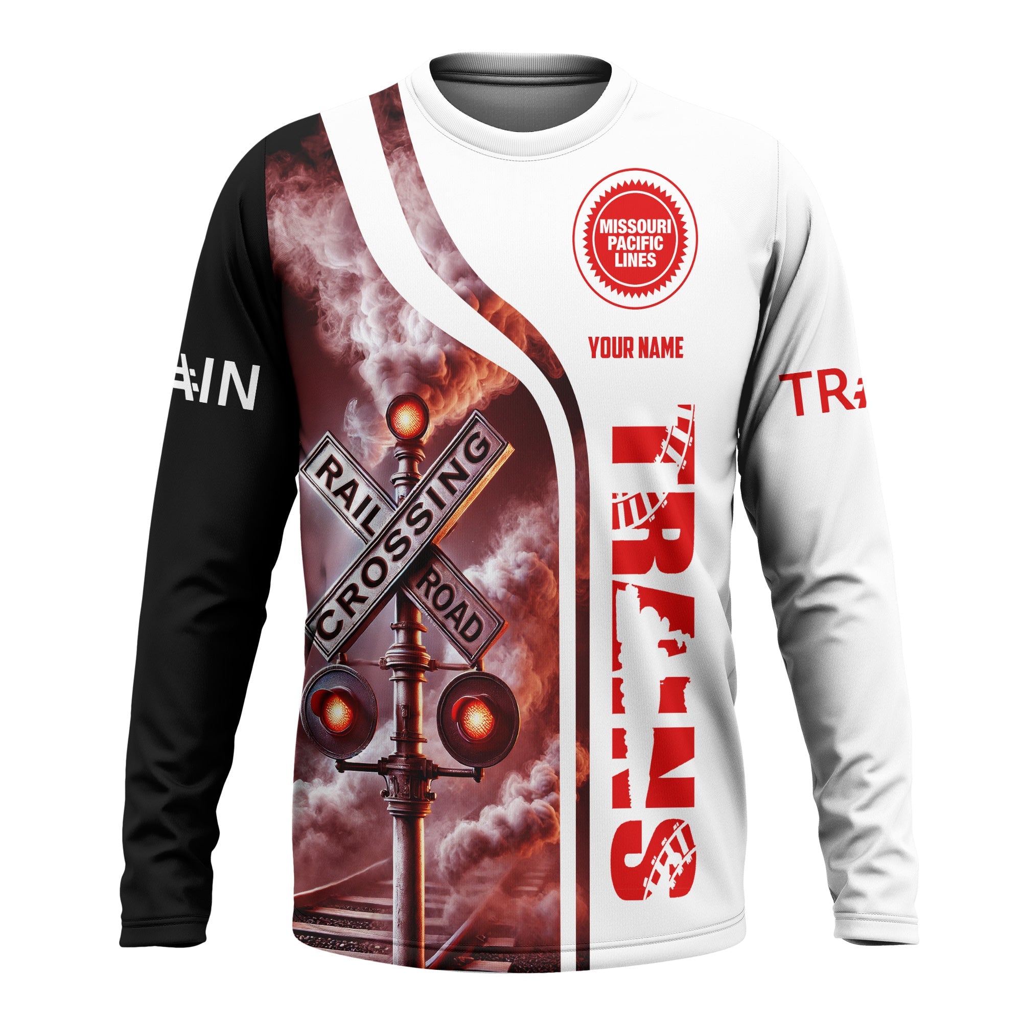 Railspirit Custom Name Missouri Pacific Railroad Long Sleeve Shirt Railroad Crossing Sign Printed Train Shirt