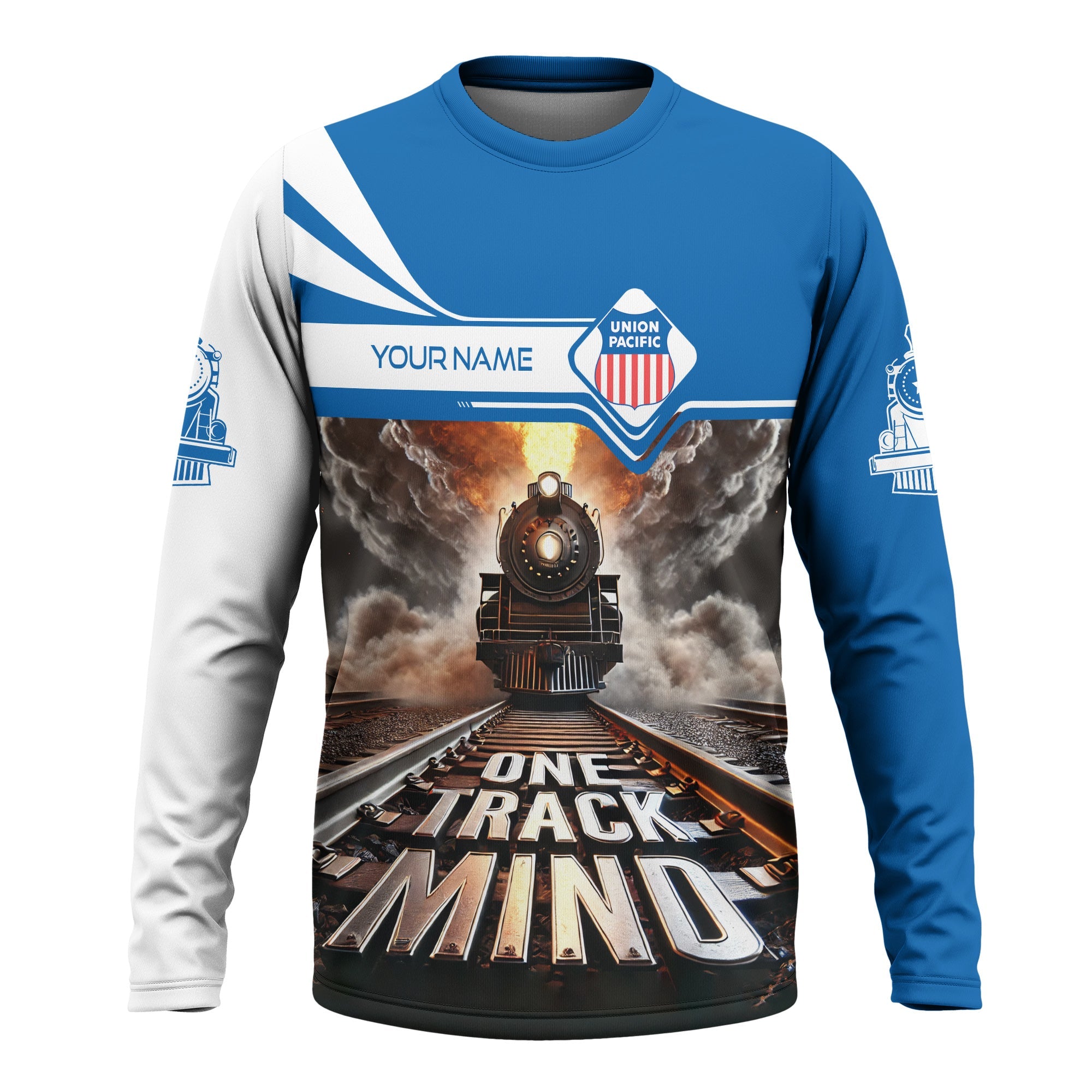 Railspirit Personalized Union Pacific Railroad Long Sleeve Shirt One Track Mind Big Boy Train Printed Shirt
