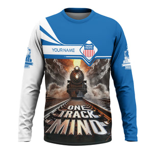 Railspirit Personalized Union Pacific Railroad Long Sleeve Shirt One Track Mind Big Boy Train Printed Shirt