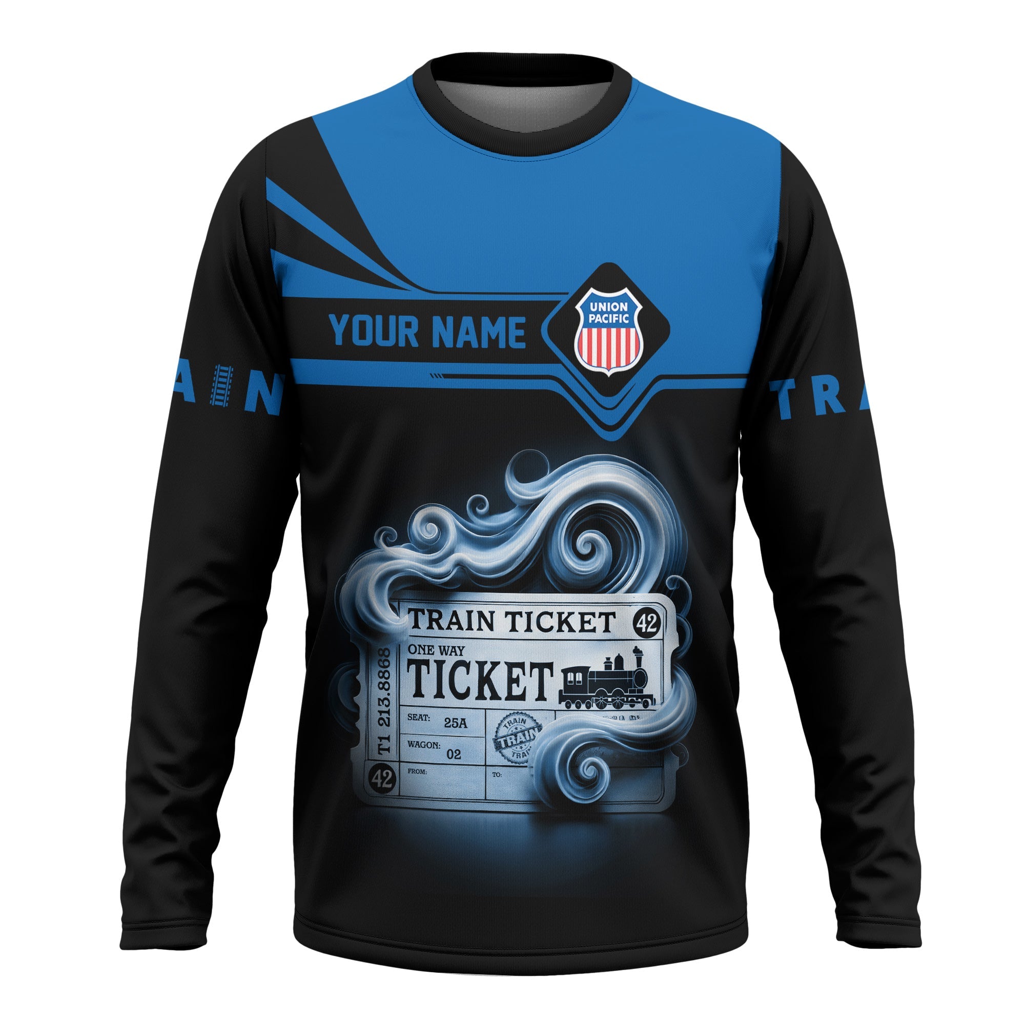 Railspirit Custom Name Union Pacific Railroad Long Sleeve Shirt American Train Ticket Big Boy Printed Shirt