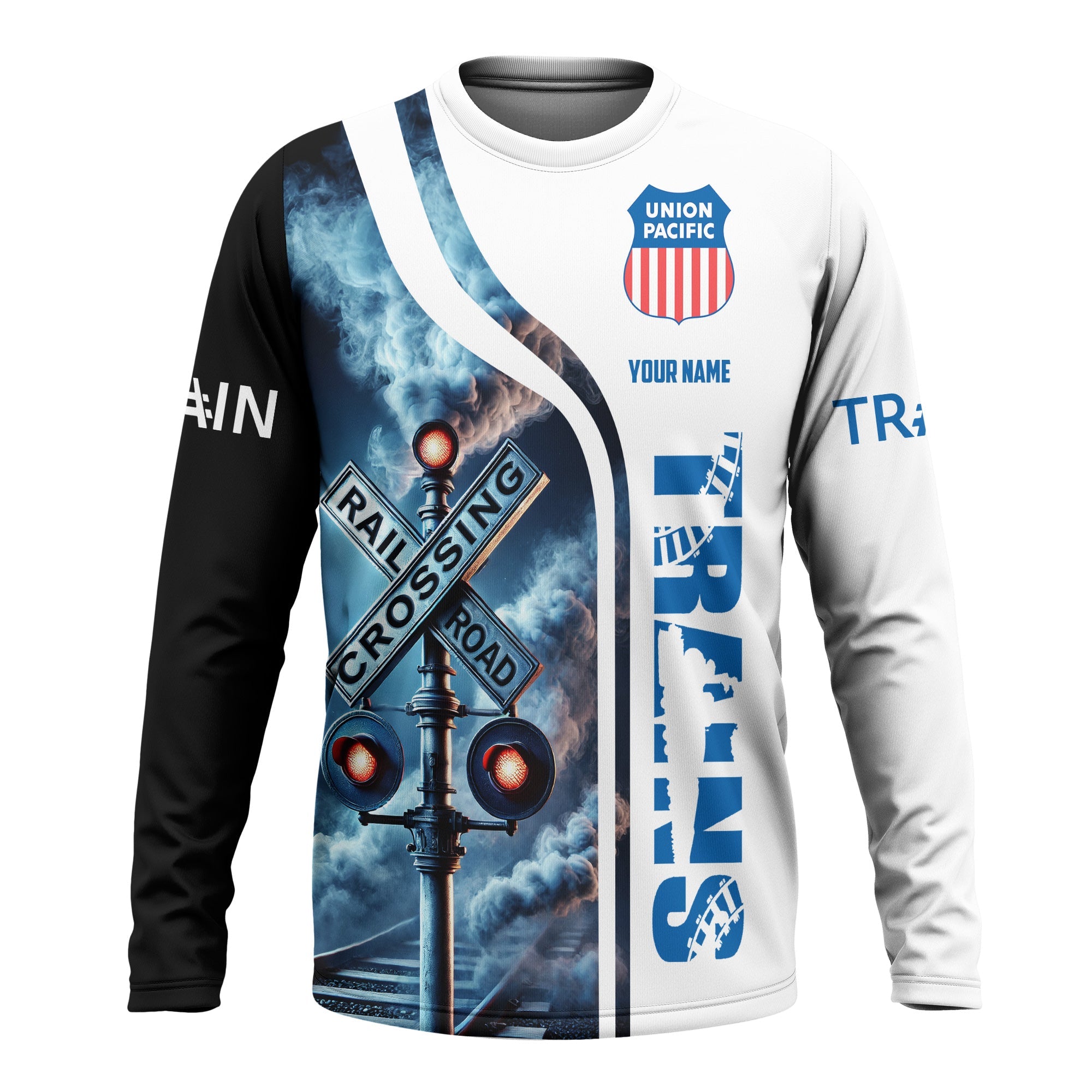 Railspirit Custom Name Union Pacific Railroad Long Sleeve Shirt Railroad Crossing Sign Big Boy Printed Train Shirt