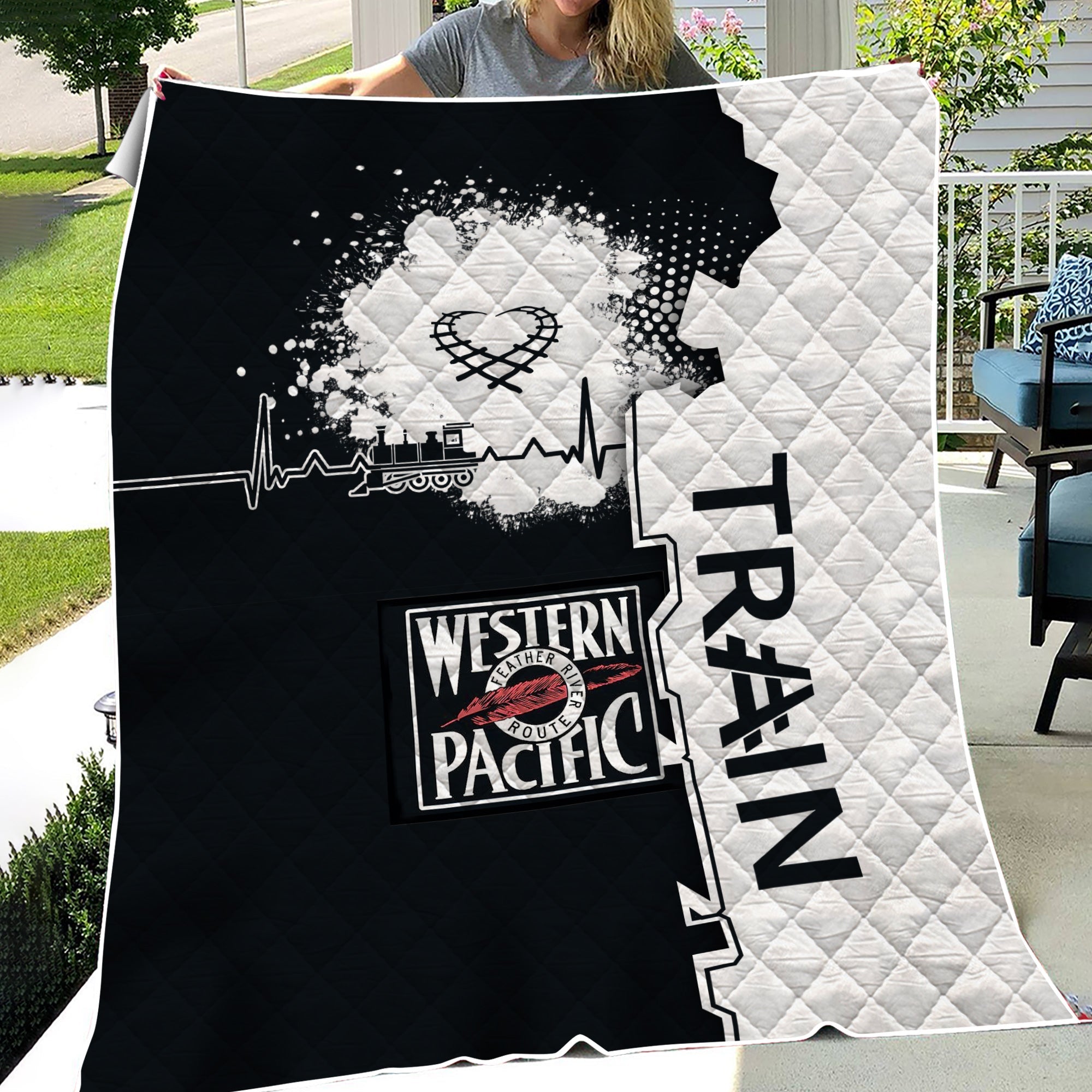Railspirit Western Pacific Railroad Premium Quilts Engine Heartbeat and Track Love Style Quilts Gift Idea For Train Lovers