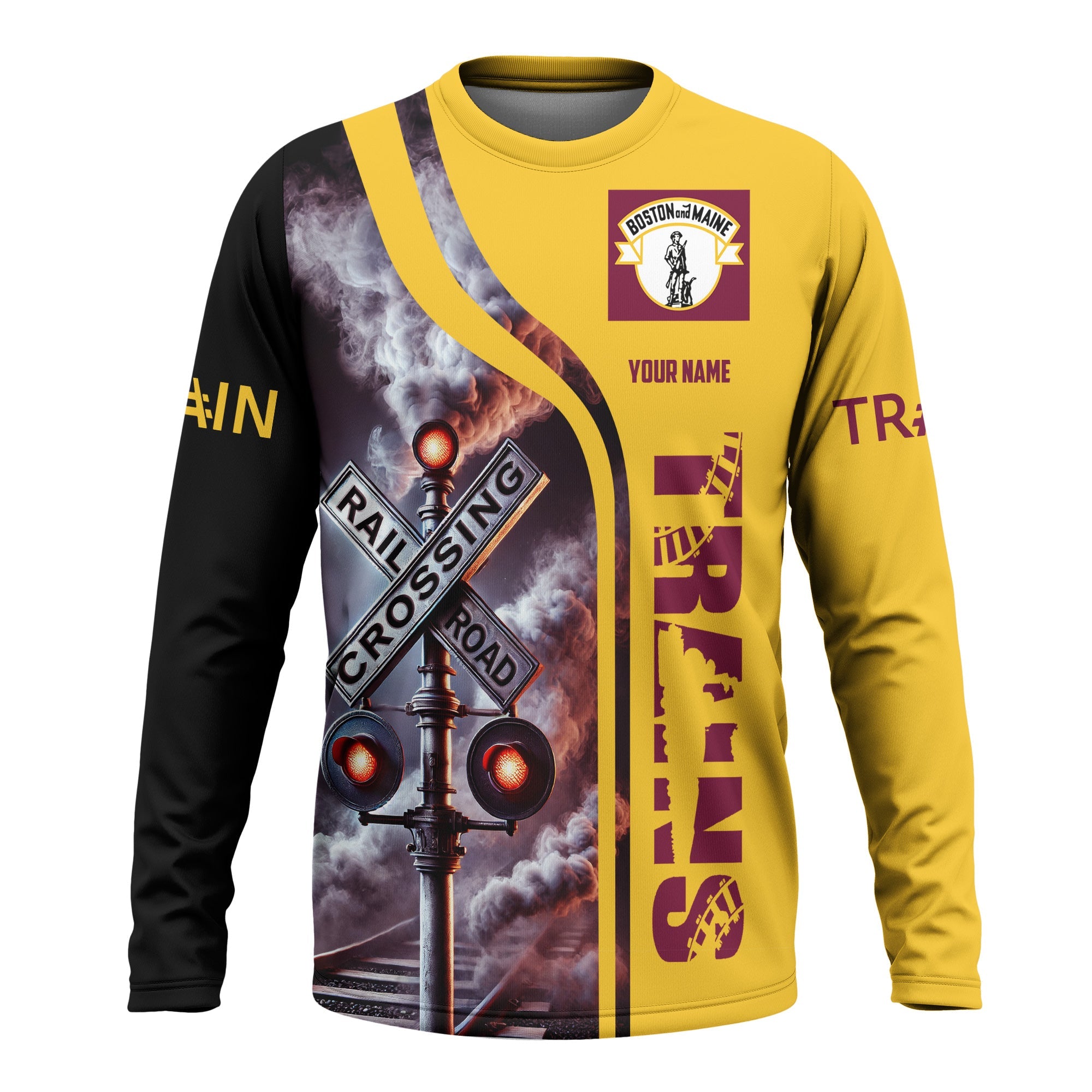 Railspirit Custom Name Boston and Maine Railroad Long Sleeve Shirt Railroad Crossing Sign Printed Train Shirt