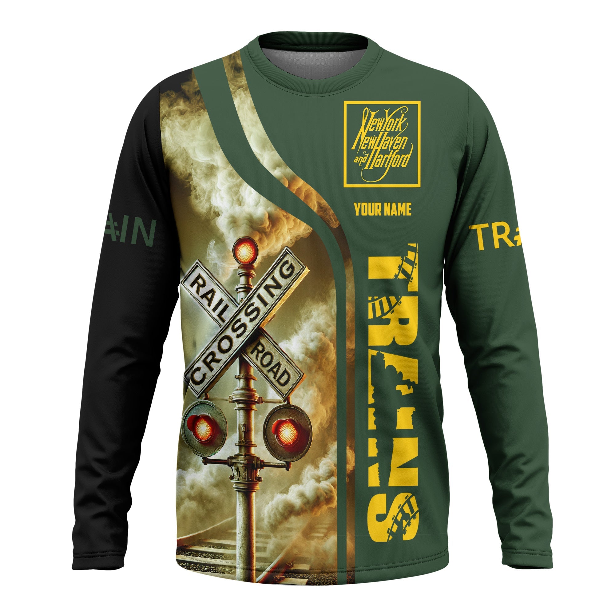 Railspirit Custom Name New York, New Haven and Hartford Railroad Long Sleeve Shirt Railroad Crossing Sign New Haven Railroad Printed Train Shirt