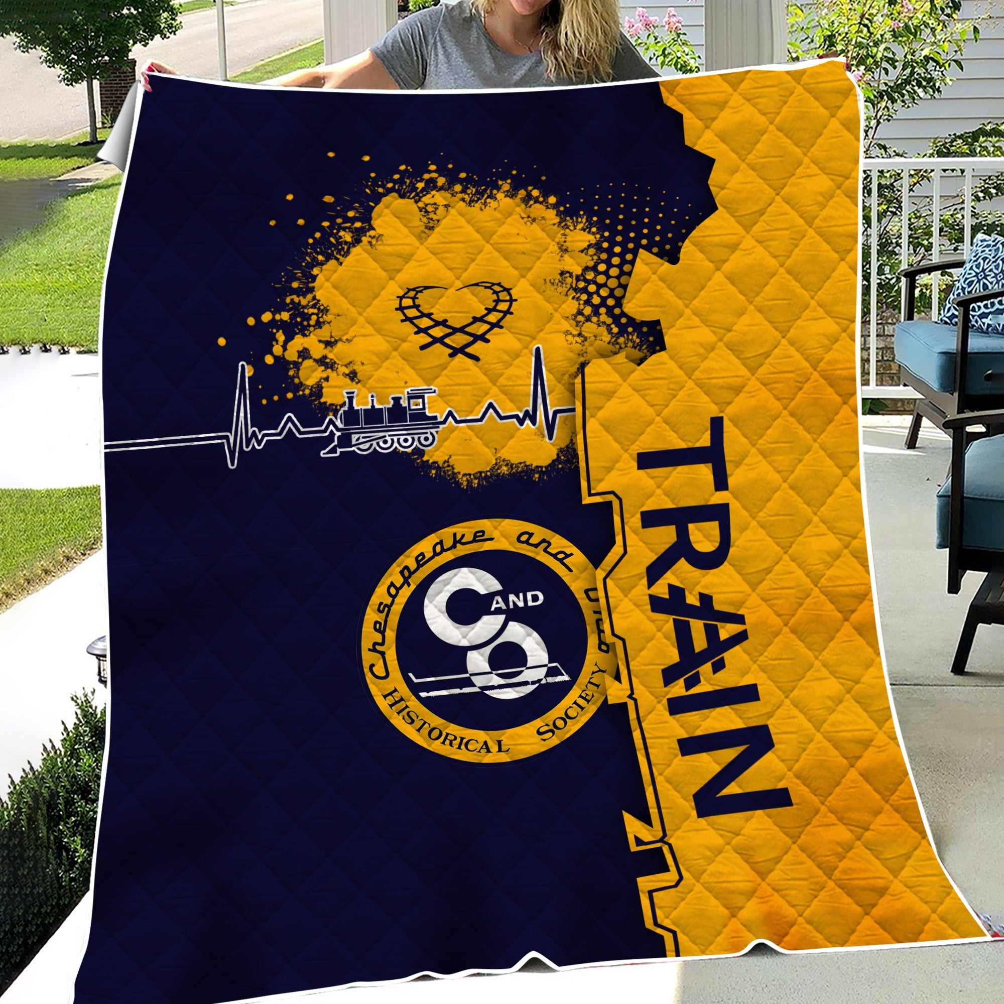 Railspirit Chesapeake and Ohio Railway Premium Quilts Engine Heartbeat and Track Love Style C&O Quilts Gift Idea For Train Lovers