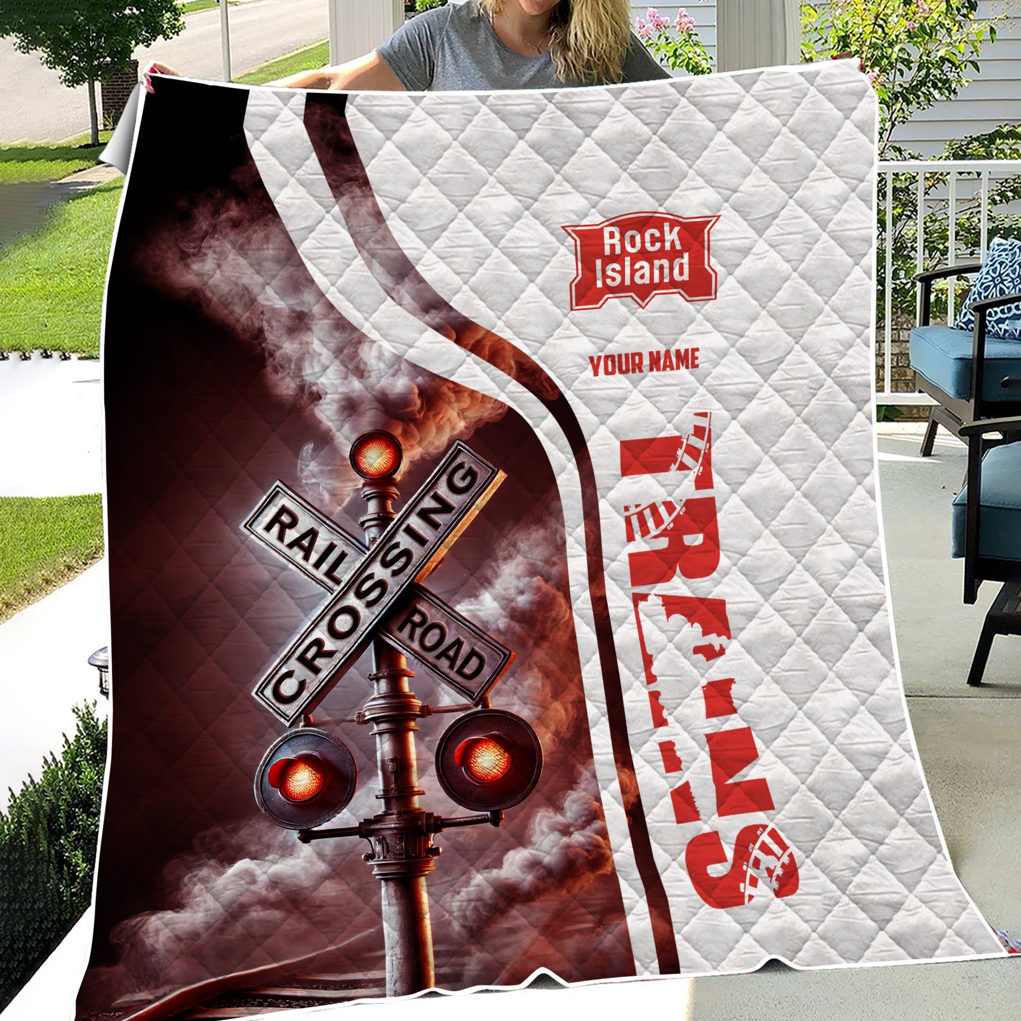 Railspirit Personalized Chicago, Rock Island and Pacific Railroad Premium Quilts Railroad Crossing Sign Rock Island Railroad Quilts All Over Print