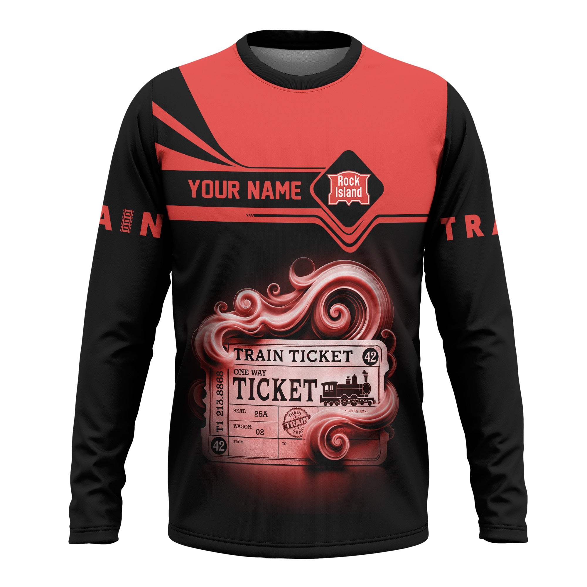 Railspirit Custom Name Chicago, Rock Island and Pacific Railroad Long Sleeve Shirt American Train Ticket Rock Island Railroad Printed Shirt