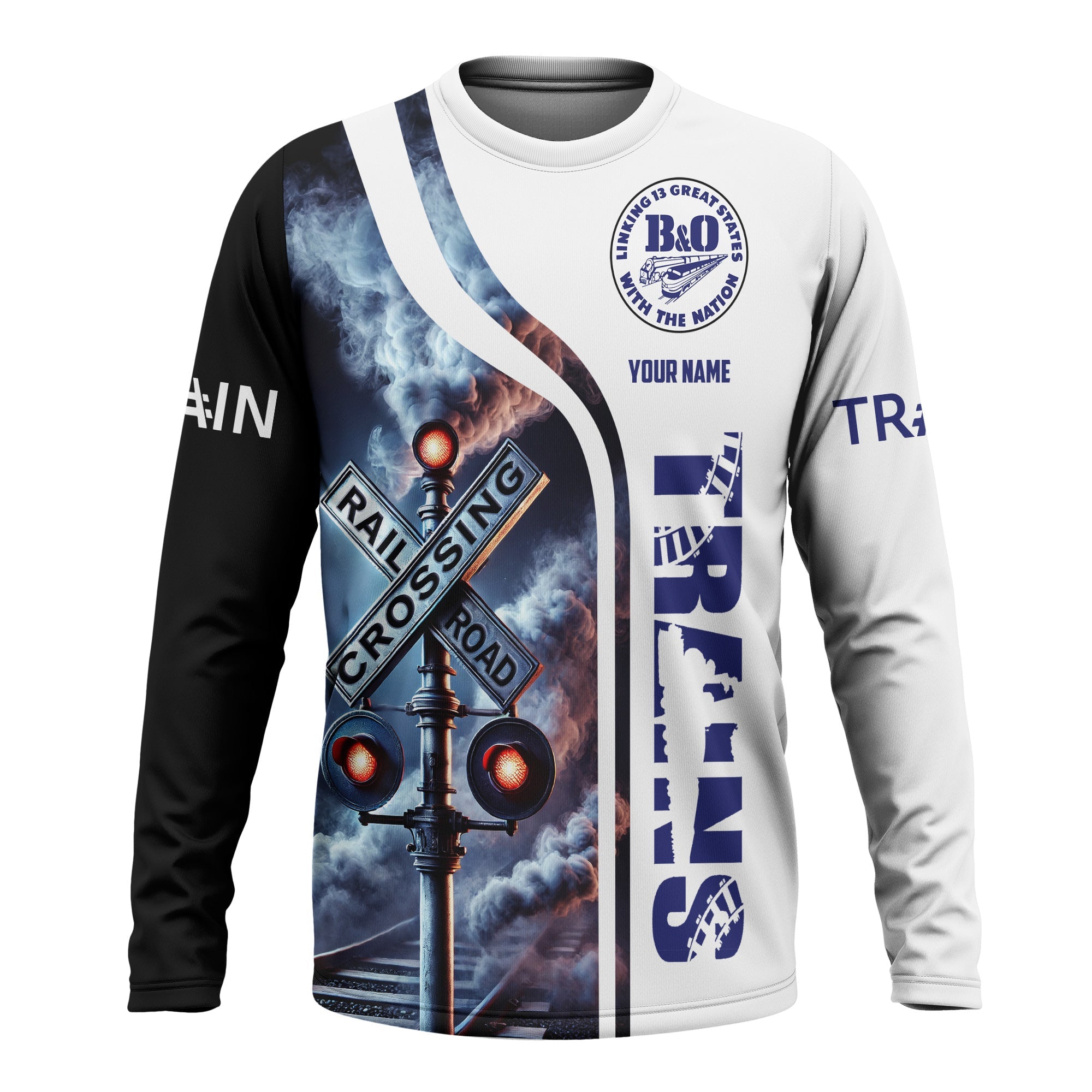 Railspirit Custom Name B&O Great States Railroad Long Sleeve Shirt Railroad Crossing Sign Printed Train Shirt