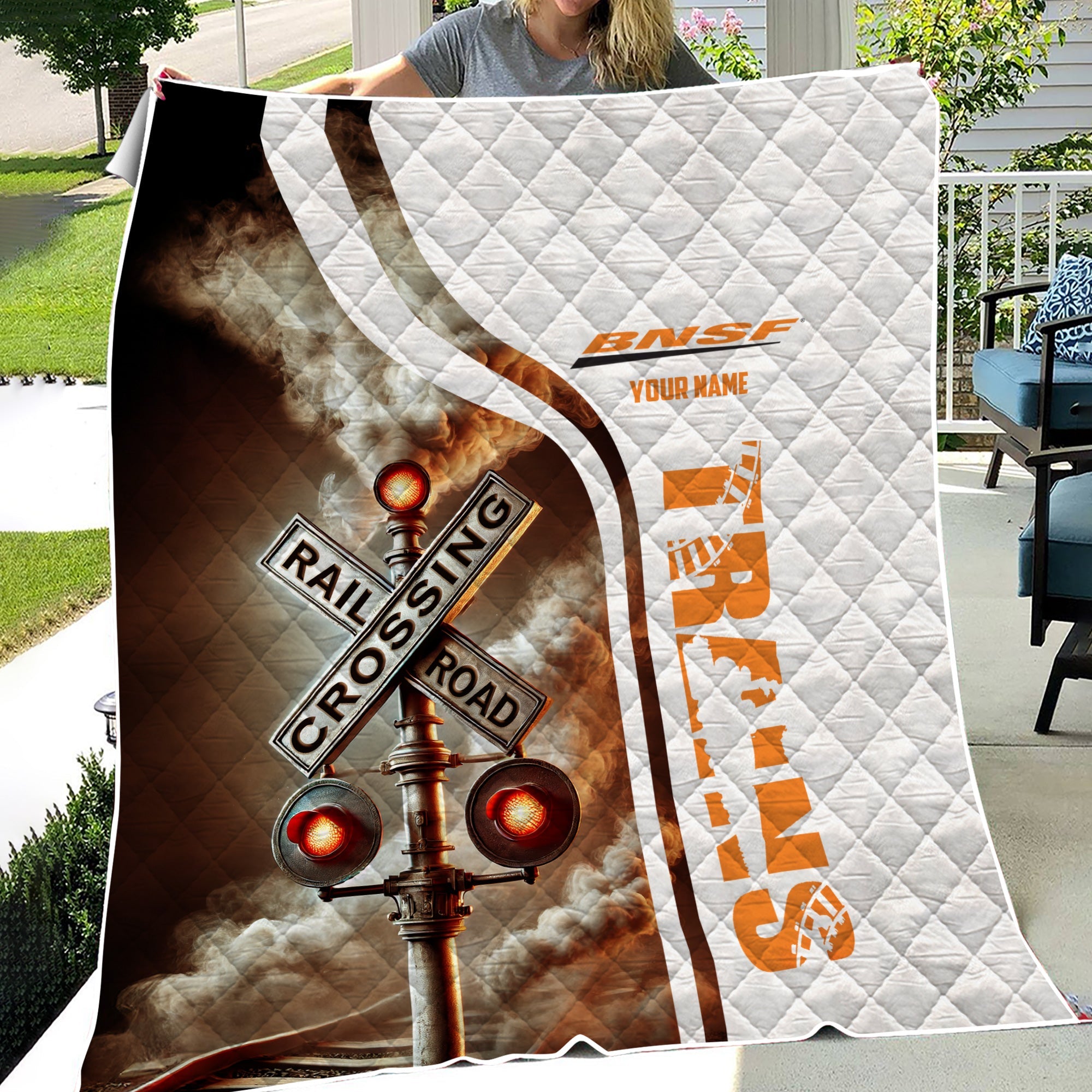 Railspirit Personalized BNSF Railway Premium Quilts Railroad Crossing Sign Quilts All Over Print
