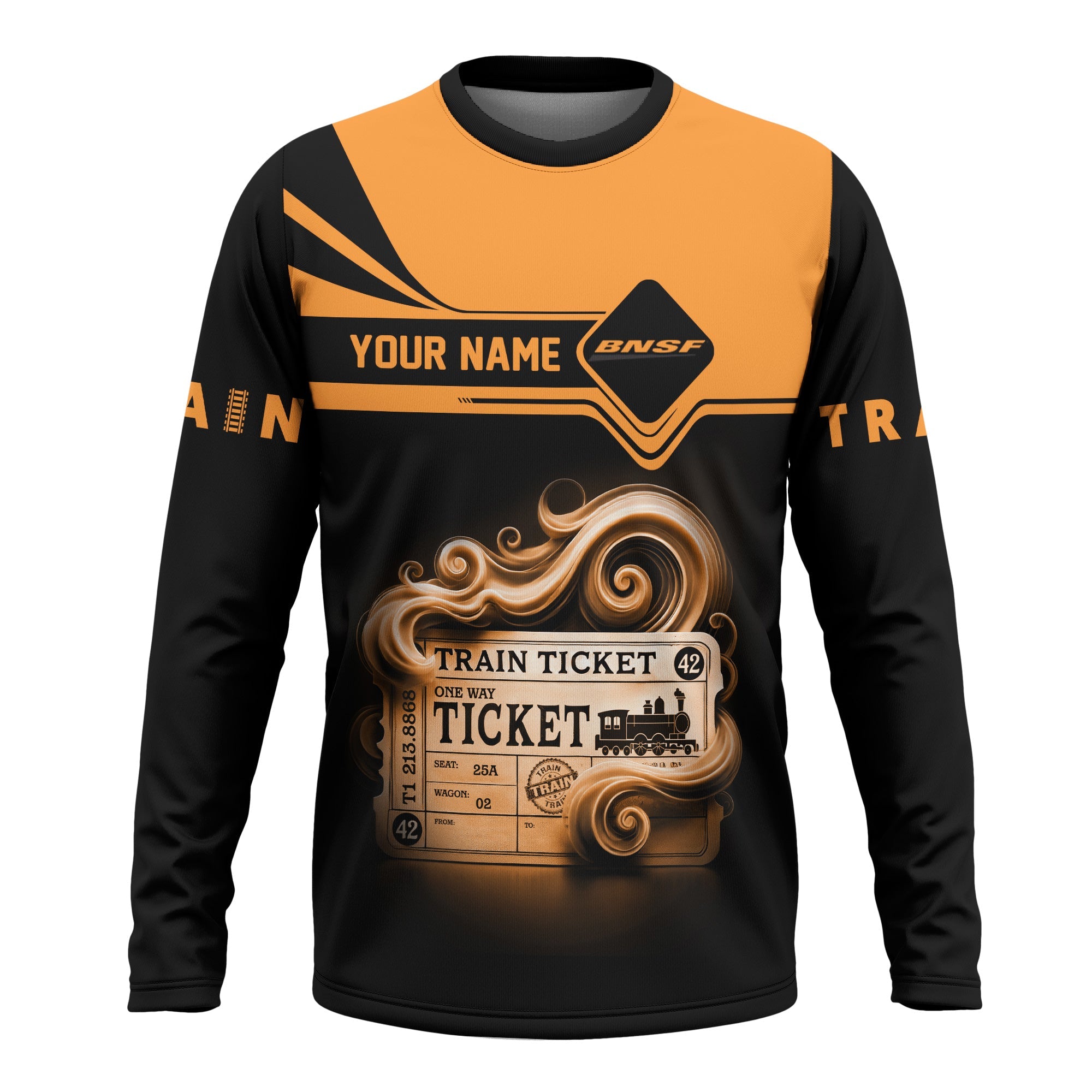 Railspirit Custom Name BNSF Railway Long Sleeve Shirt American Train Ticket Printed Shirt
