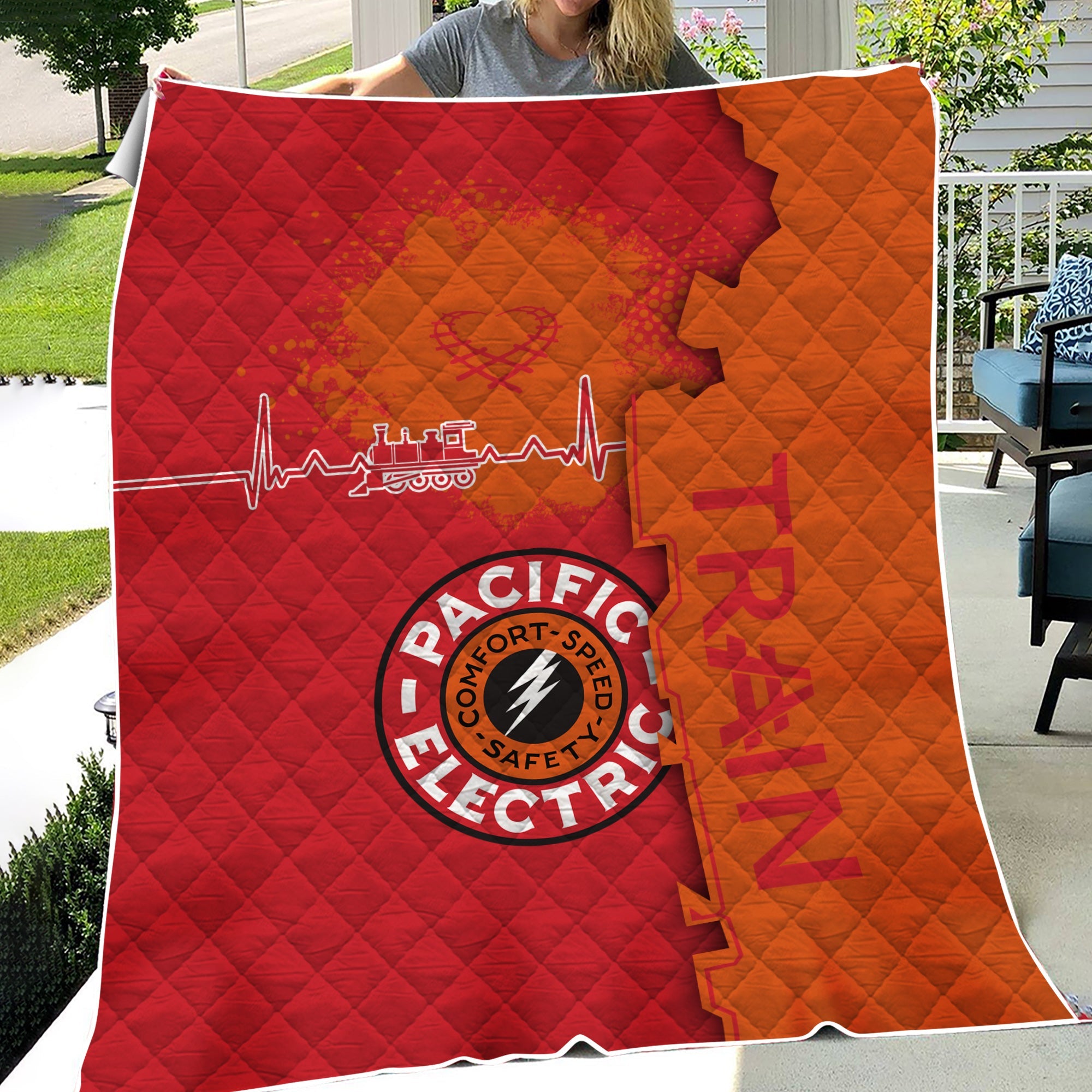 Railspirit Pacific Electric Railroad Premium Quilts Engine Heartbeat and Track Love Style Quilts Gift Idea For Train Lovers