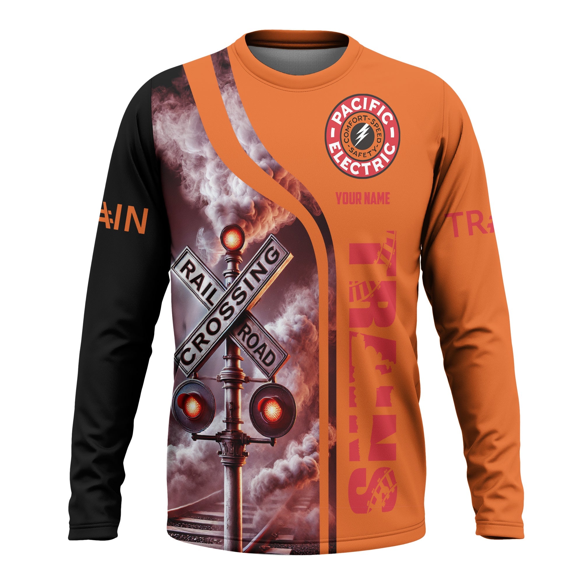 Railspirit Custom Name Pacific Electric Railroad Long Sleeve Shirt Railroad Crossing Sign Printed Train Shirt