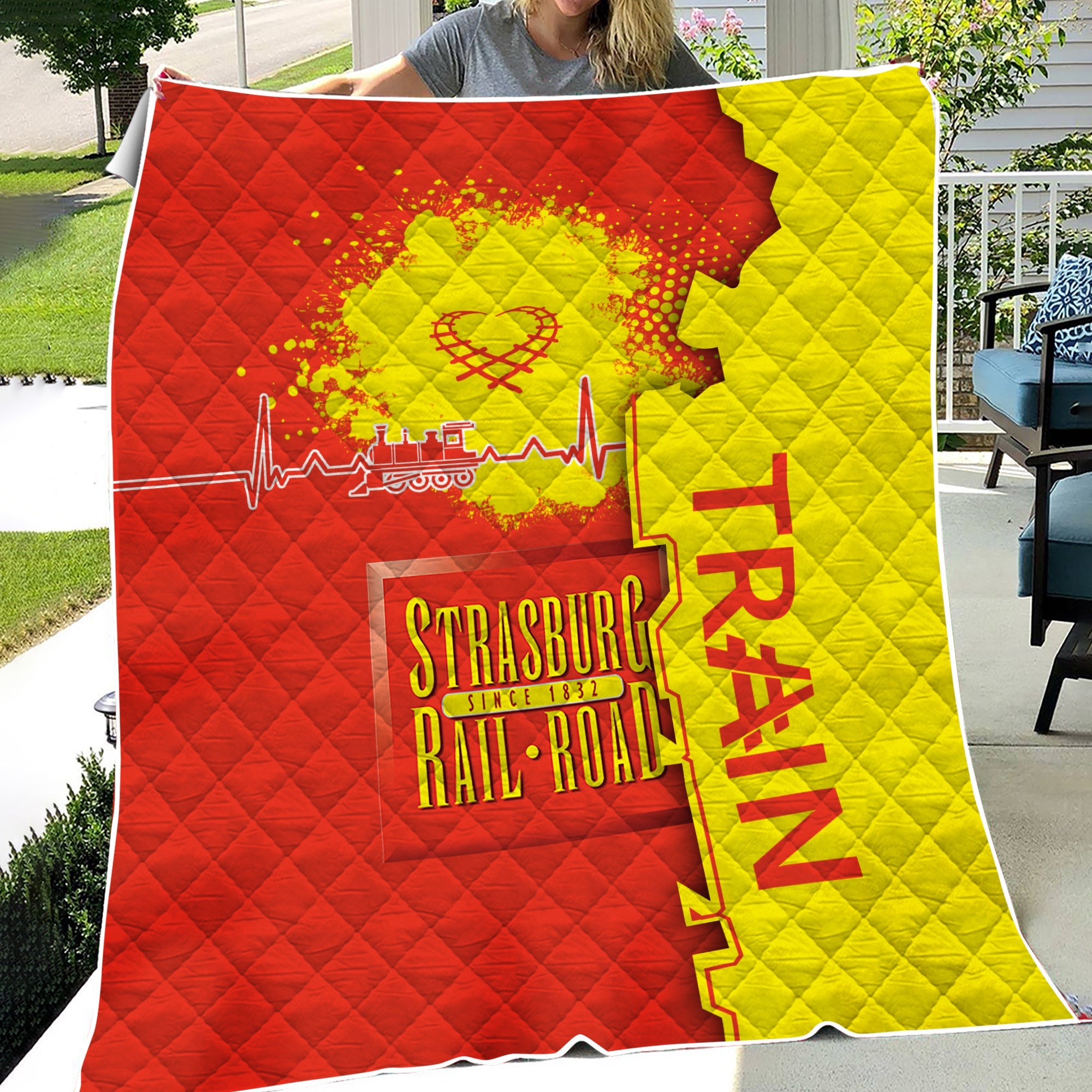 Railspirit Strasburg Railroad Premium Quilts Engine Heartbeat and Track Love Style Quilts Gift Idea For Train Lovers