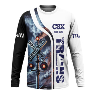 Railspirit Custom Name CSX Transportation Railroad Long Sleeve Shirt Railroad Crossing Sign Printed Train Shirt