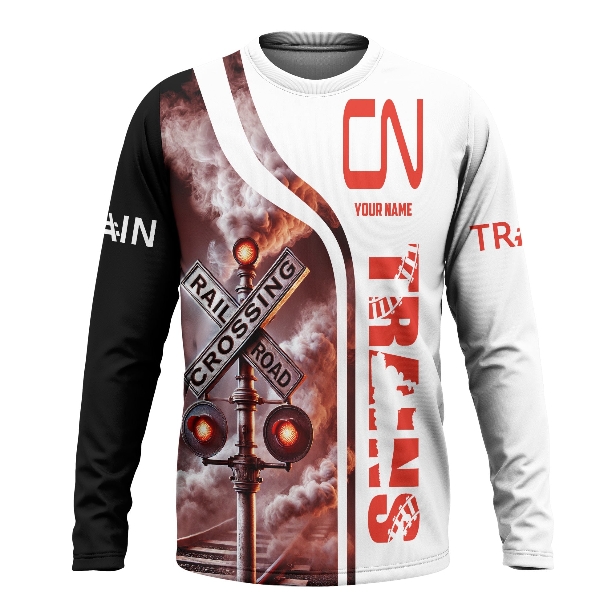 Railspirit Custom Name Canadian National Railroad Long Sleeve Shirt Railroad Crossing Sign Printed Train Shirt