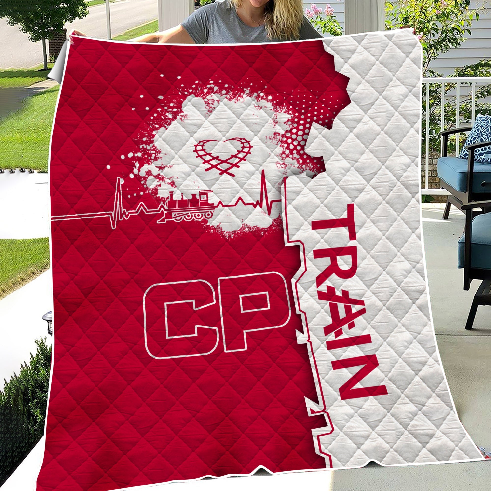 Railspirit Canadian Pacific Railroad Premium Quilts Engine Heartbeat and Track Love Style Quilts Gift Idea For Train Lovers