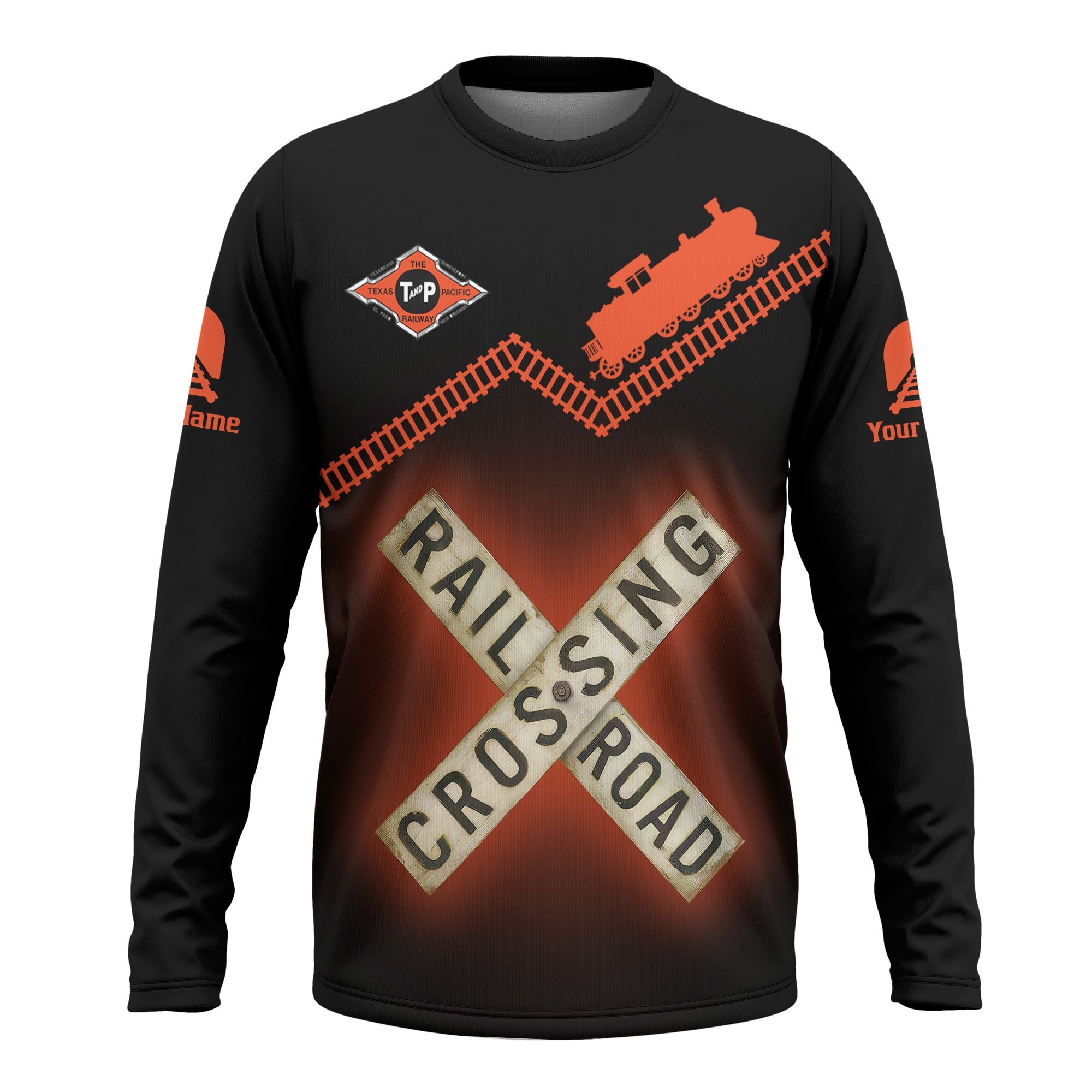 Railspirit Personalized Texas and Pacific Railway Long Sleeve Shirt Railroad Crossing Printed Train Track Shirt