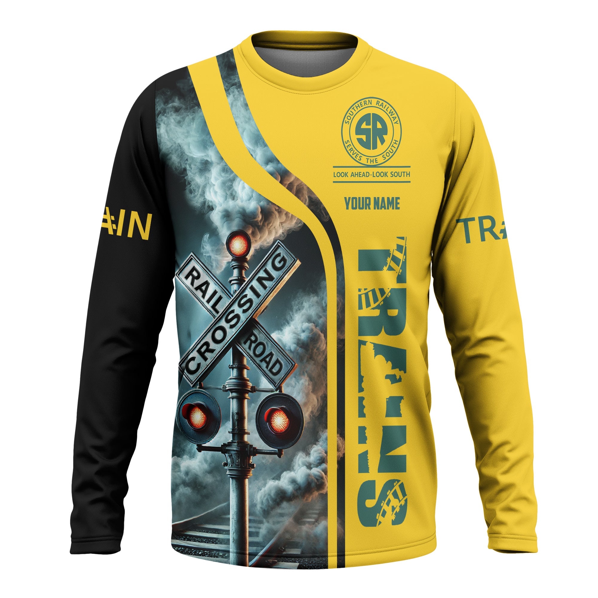 Railspirit Custom Name Southern Railway U.S Long Sleeve Shirt Railroad Crossing Sign SOU Printed Train Shirt