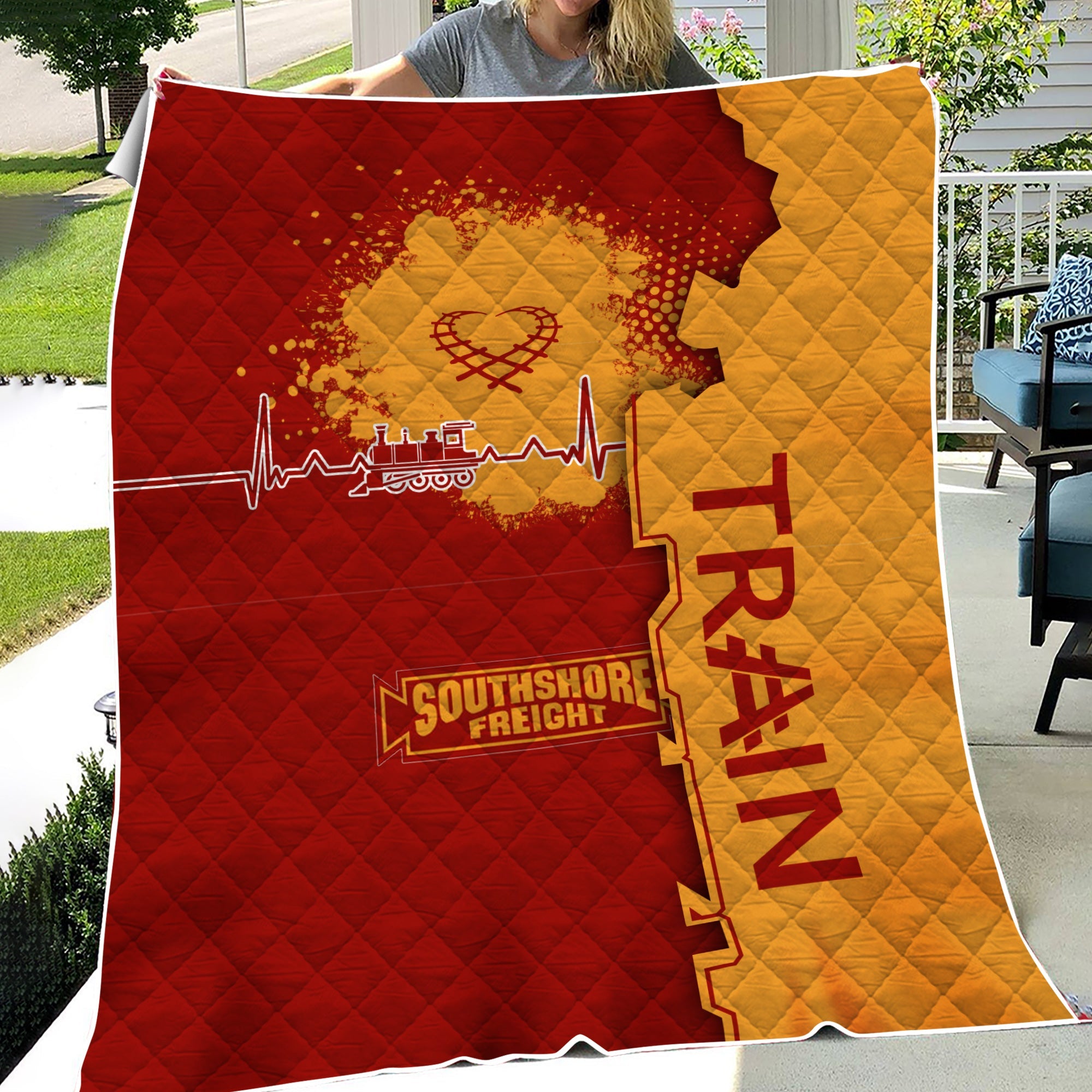 Railspirit Chicago South Shore and South Bend Railroad Premium Quilts Engine Heartbeat and Track Love Style Quilts Gift Idea For Train Lovers