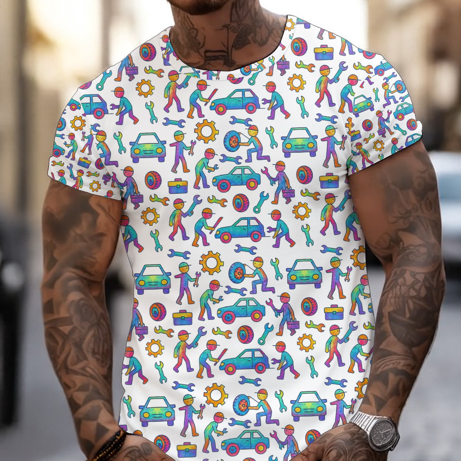 Colorful Mechanic Pattern Shirt Auto Repair Tools Cars Garage Workwear Tee Funny Car Lover Gift Unique Full Print Graphic T-Shirt for Men