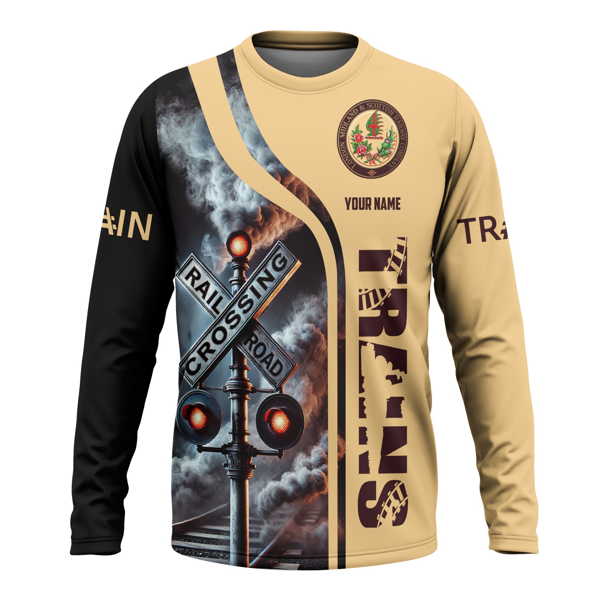 Railspirit Custom Name London, Midland and Scottish Railway Long Sleeve Shirt Railroad Crossing Sign Printed Train Shirt
