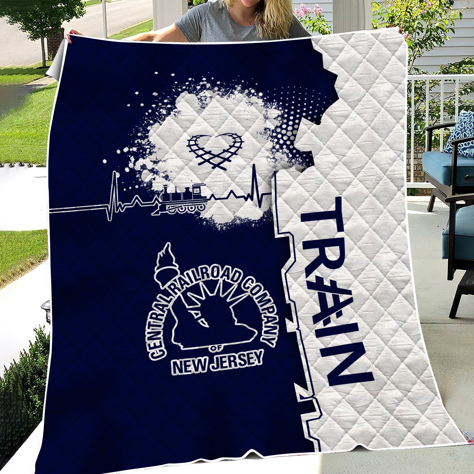 Railspirit CNJ Jersey Central Railroad Premium Quilts Engine Heartbeat and Track Love Style Quilts Gift Idea For Train Lovers