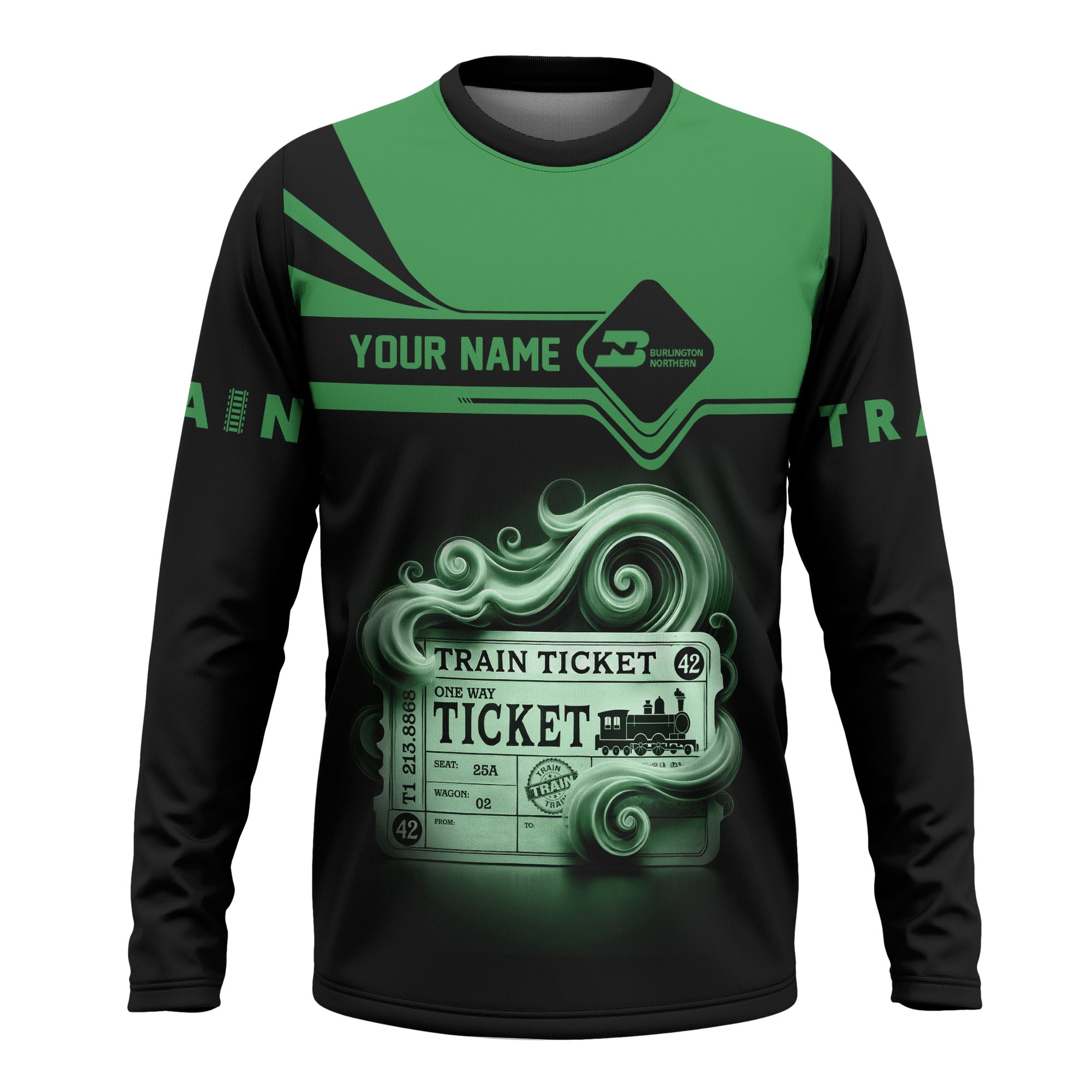 Railspirit Custom Name Burlington Northern Railroad Long Sleeve Shirt American Train Ticket Printed Shirt