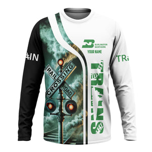Railspirit Custom Name Burlington Northern Railroad Long Sleeve Shirt Railroad Crossing Sign Printed Train Shirt