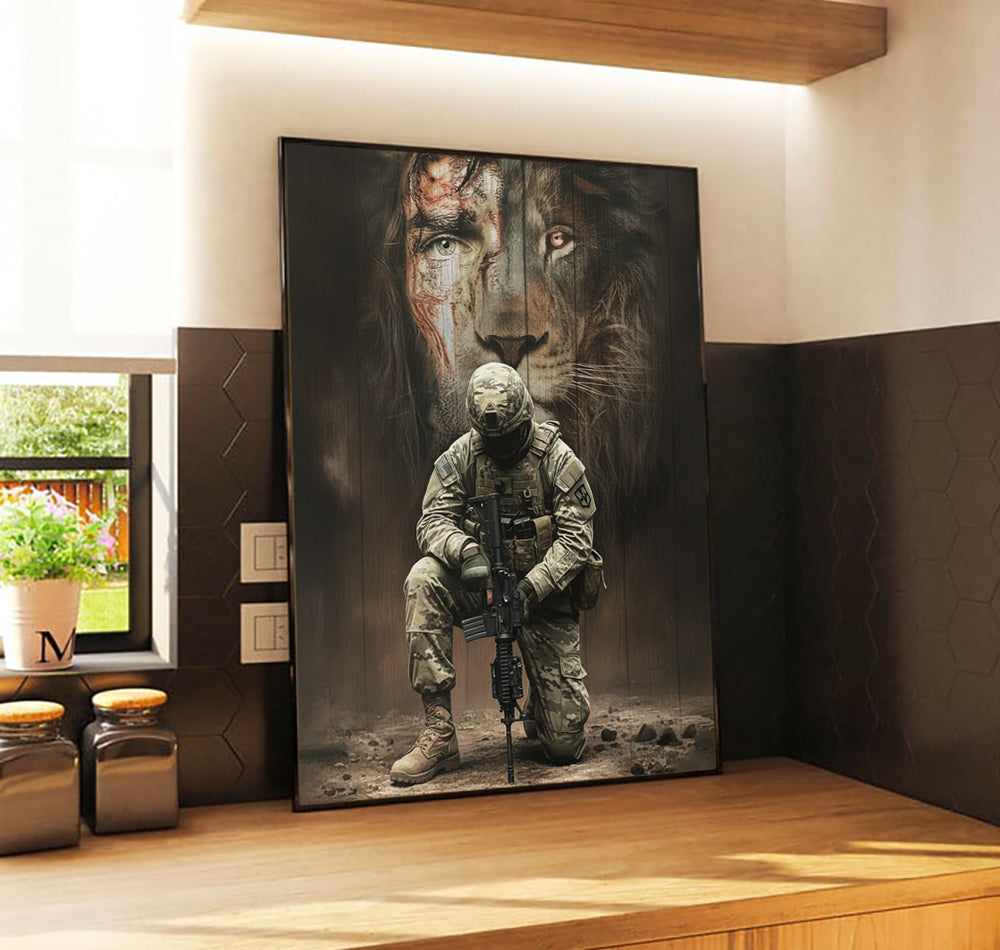 Jesus Lion Behind The Soldier Canvas Wall Art, Christian Military Canvas for Veterans & Faith Home Decor Gift For Veteran