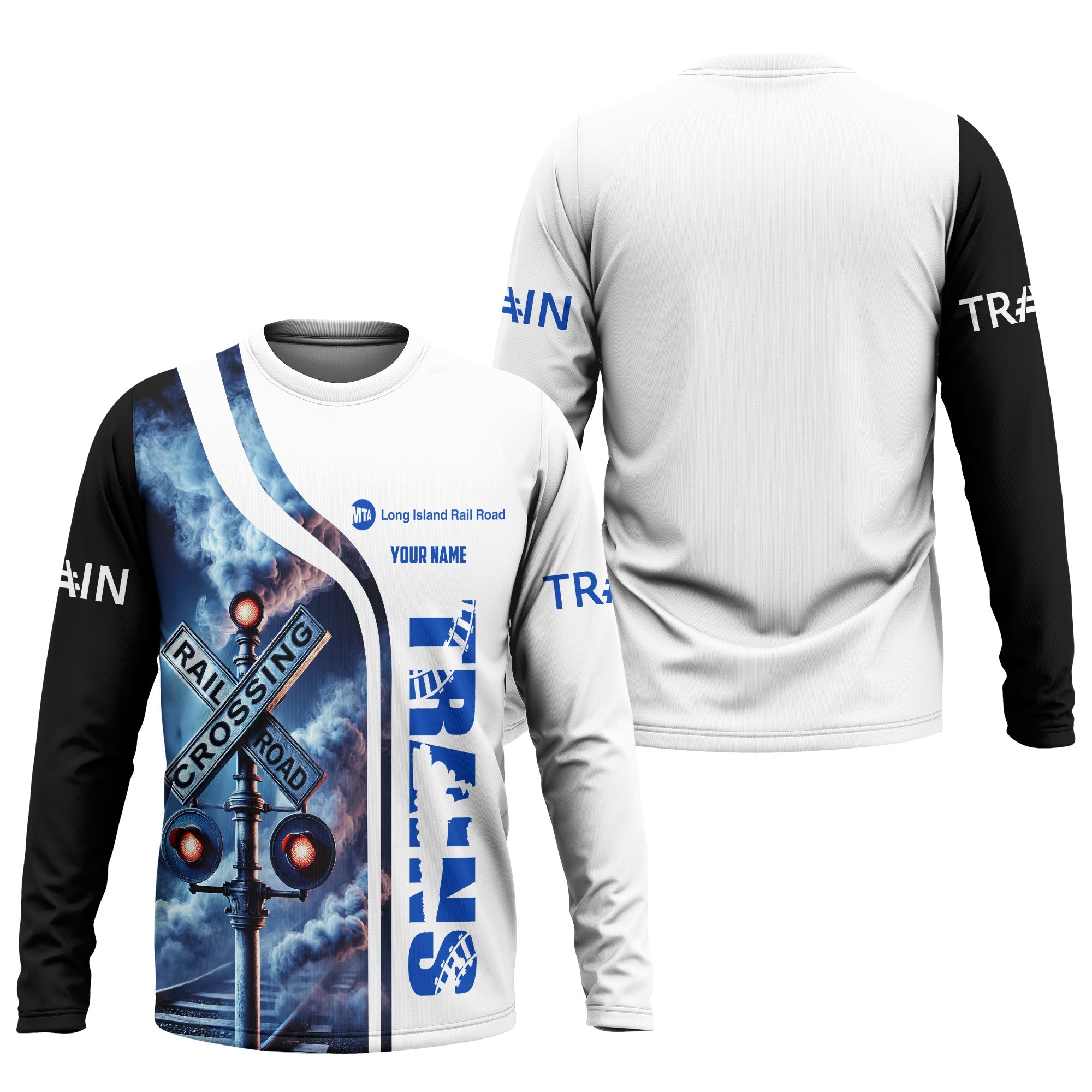 Railspirit Custom Name Long Island Railroad Long Sleeve Shirt Railroad Crossing Sign Printed Train Shirt