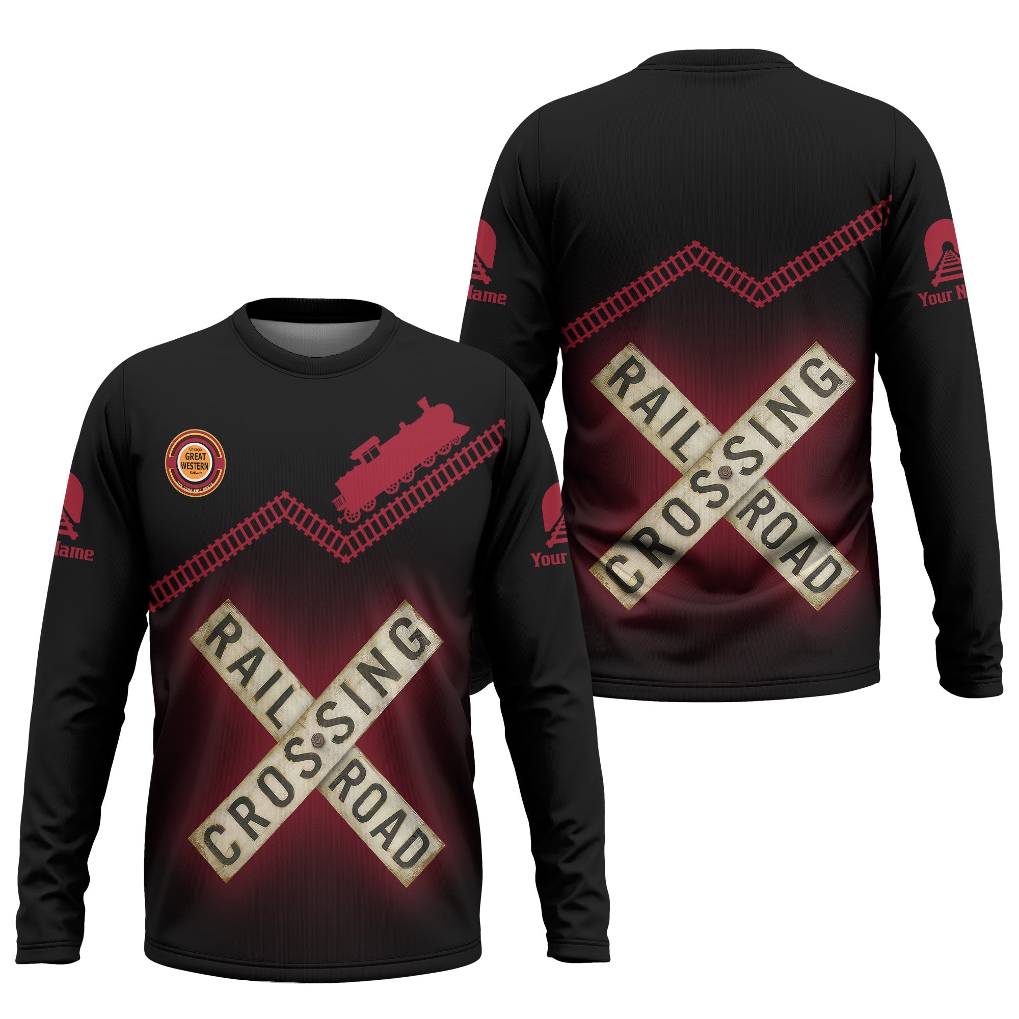 Railspirit Personalized Chicago Great Western Railroad Long Sleeve Shirt Railroad Crossing Printed Train Track Shirt