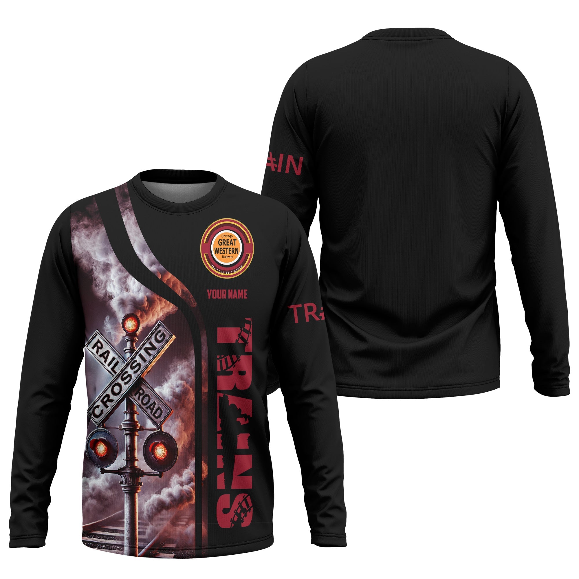 Railspirit Custom Name Chicago Great Western Railroad Long Sleeve Shirt Railroad Crossing Sign Printed Train Shirt