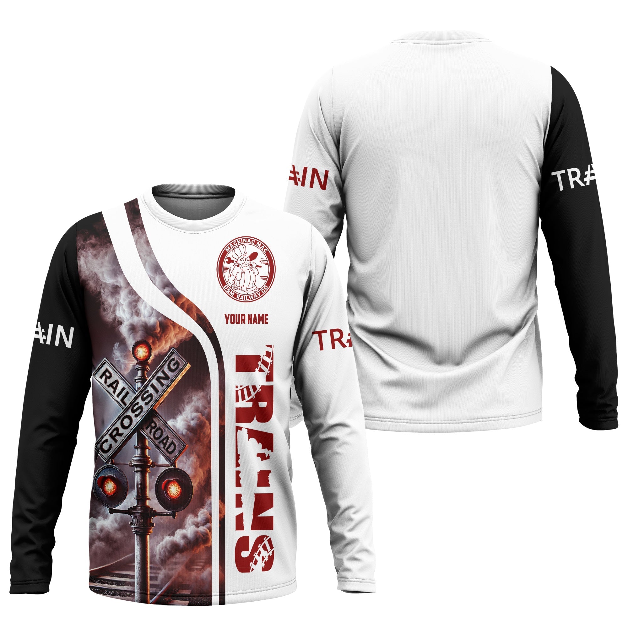 Railspirit Custom Name Detroit & Mackinac Railroad Long Sleeve Shirt Railroad Crossing Sign Printed Train Shirt