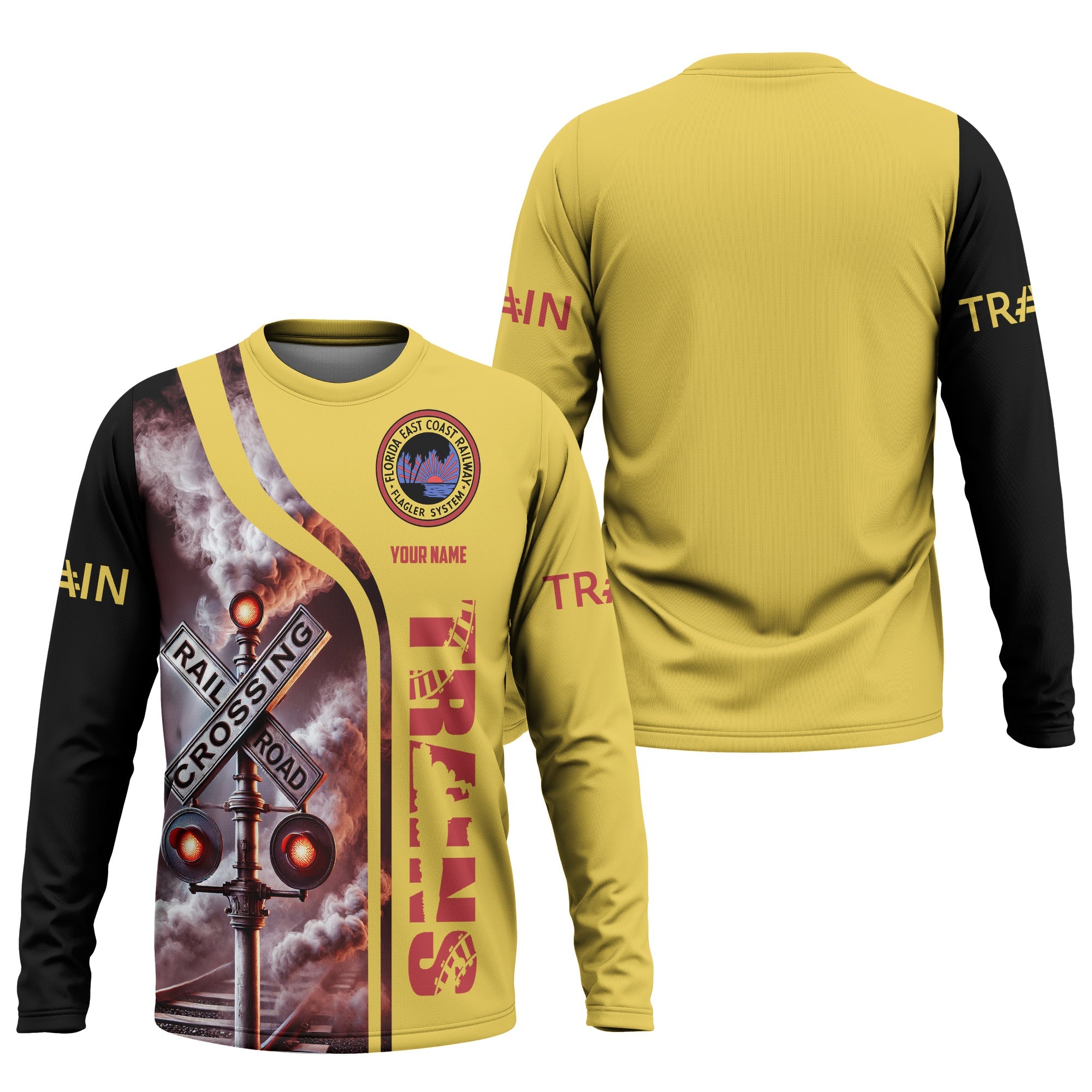 Railspirit Custom Name Florida East Coast Railway Long Sleeve Shirt Railroad Crossing Sign Printed Train Shirt