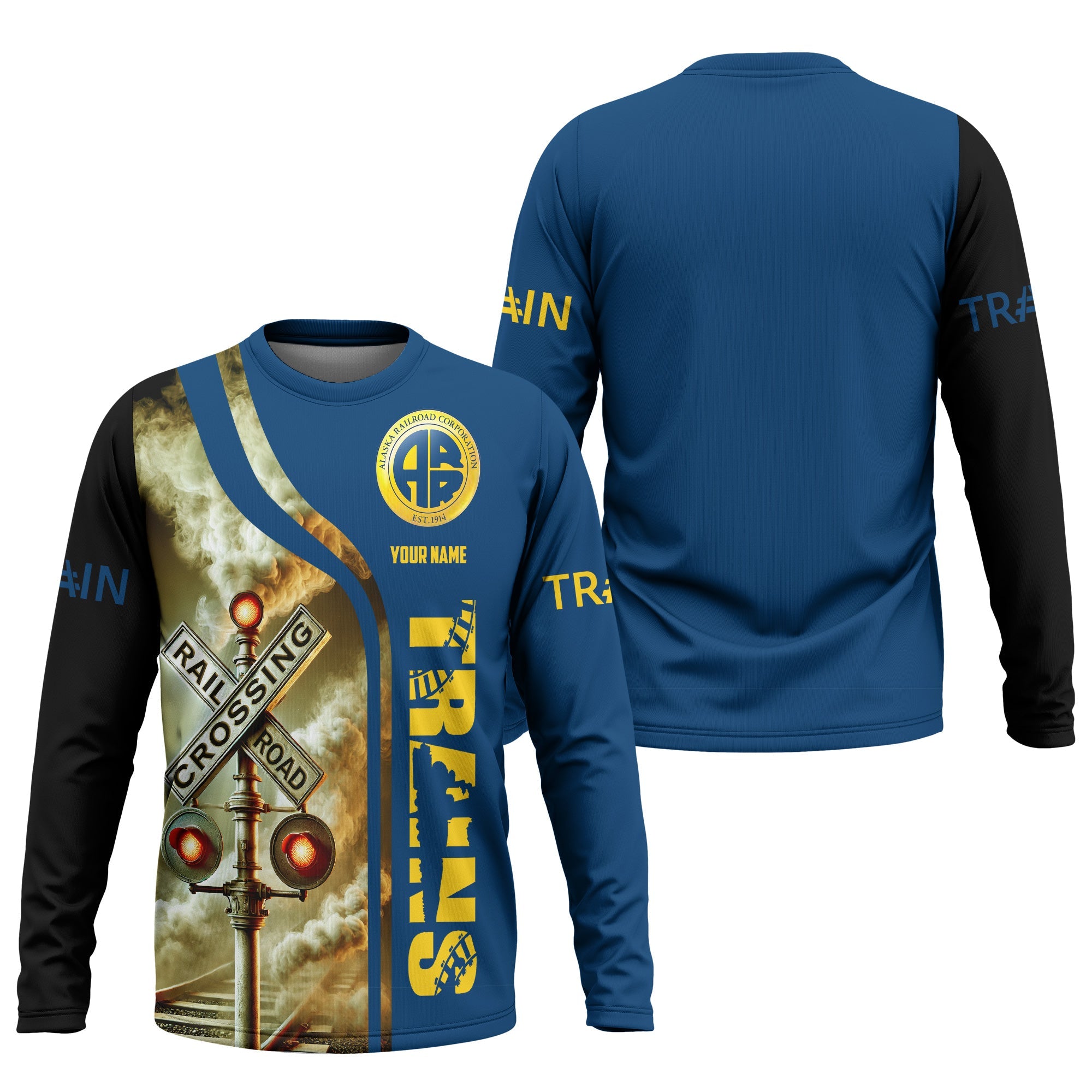 Railspirit Custom Name Alaska Railroad Long Sleeve Shirt Railroad Crossing Sign Printed Train Shirt