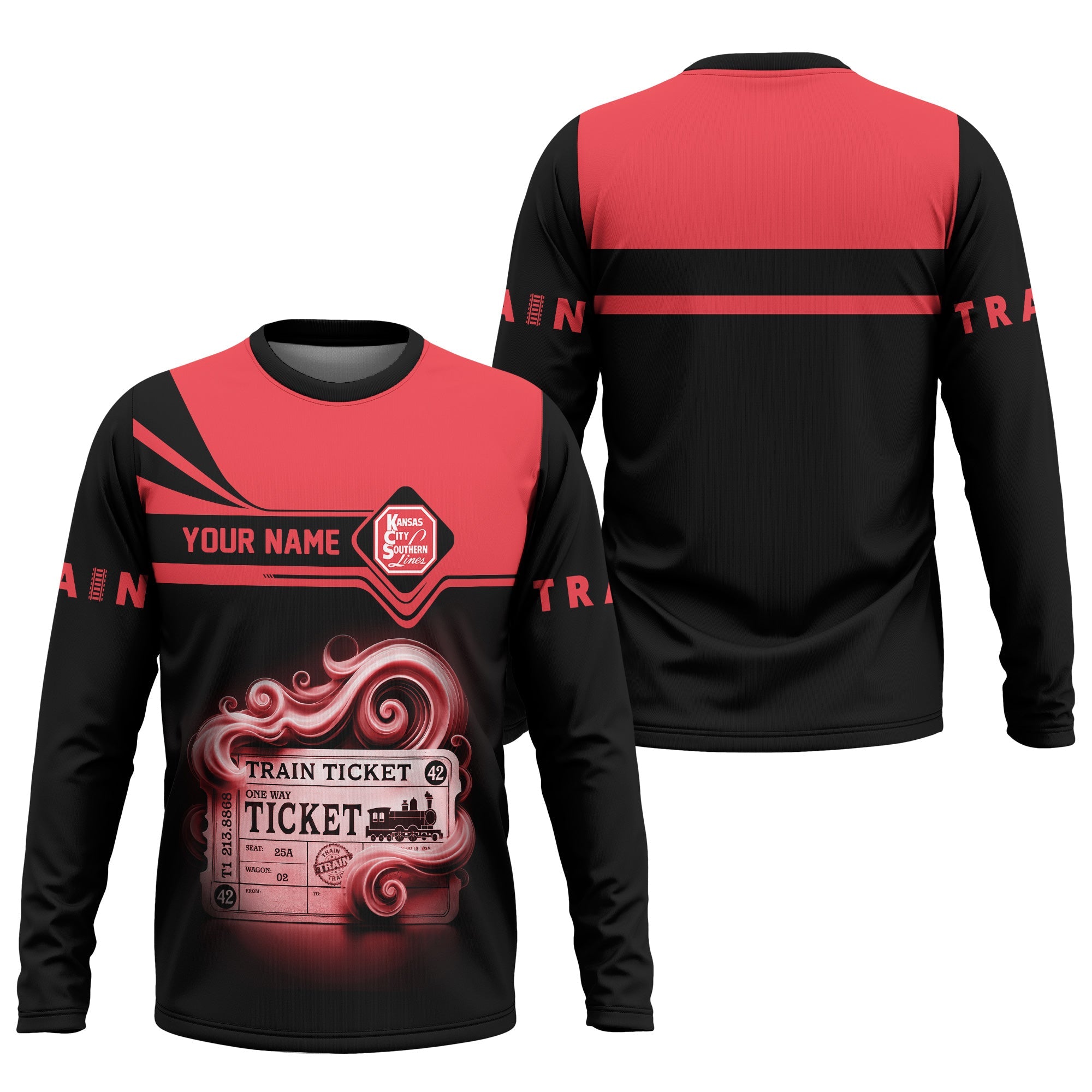Railspirit Custom Name Kansas City Southern Long Sleeve Shirt American Train Ticket Printed Shirt