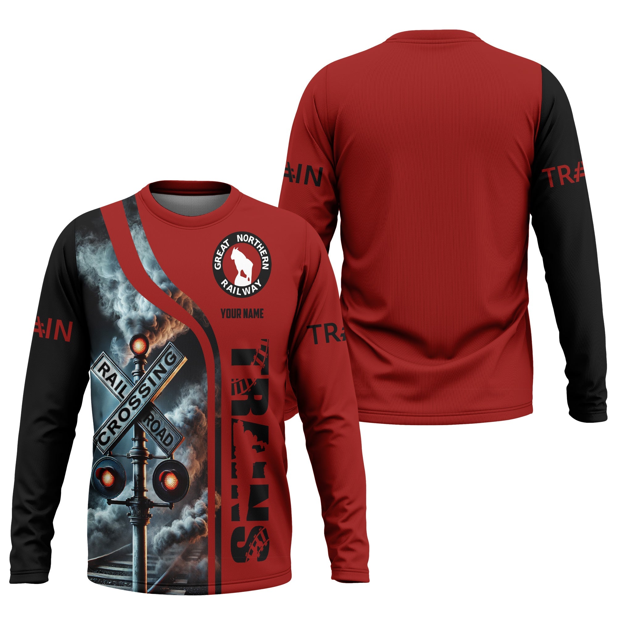 Railspirit Custom Name Great Northern Railway Long Sleeve Shirt Railroad Crossing Sign GNR Printed Train Shirt