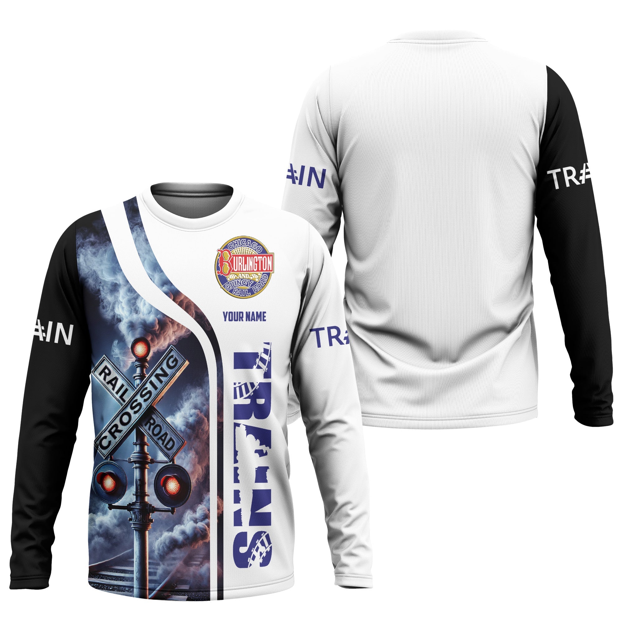 Railspirit Custom Name Chicago, Burlington and Quincy Railroad Long Sleeve Shirt Railroad Crossing Sign Printed Train Shirt