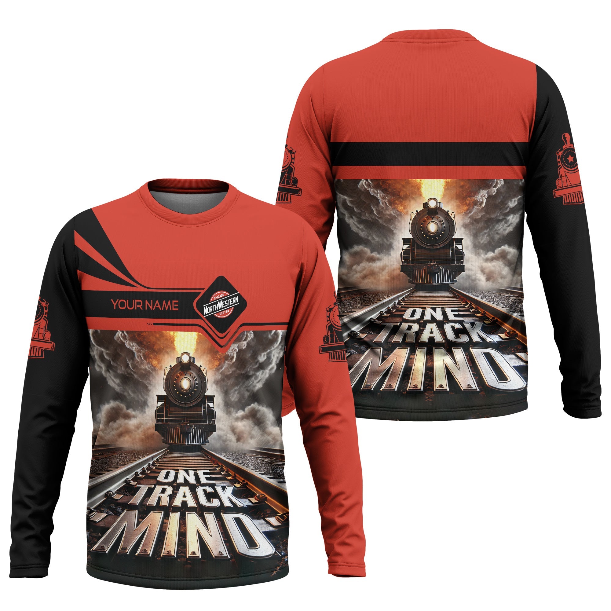 Railspirit Personalized Chicago and North Western Railway Long Sleeve Shirt One Track Mind Train Printed Shirt
