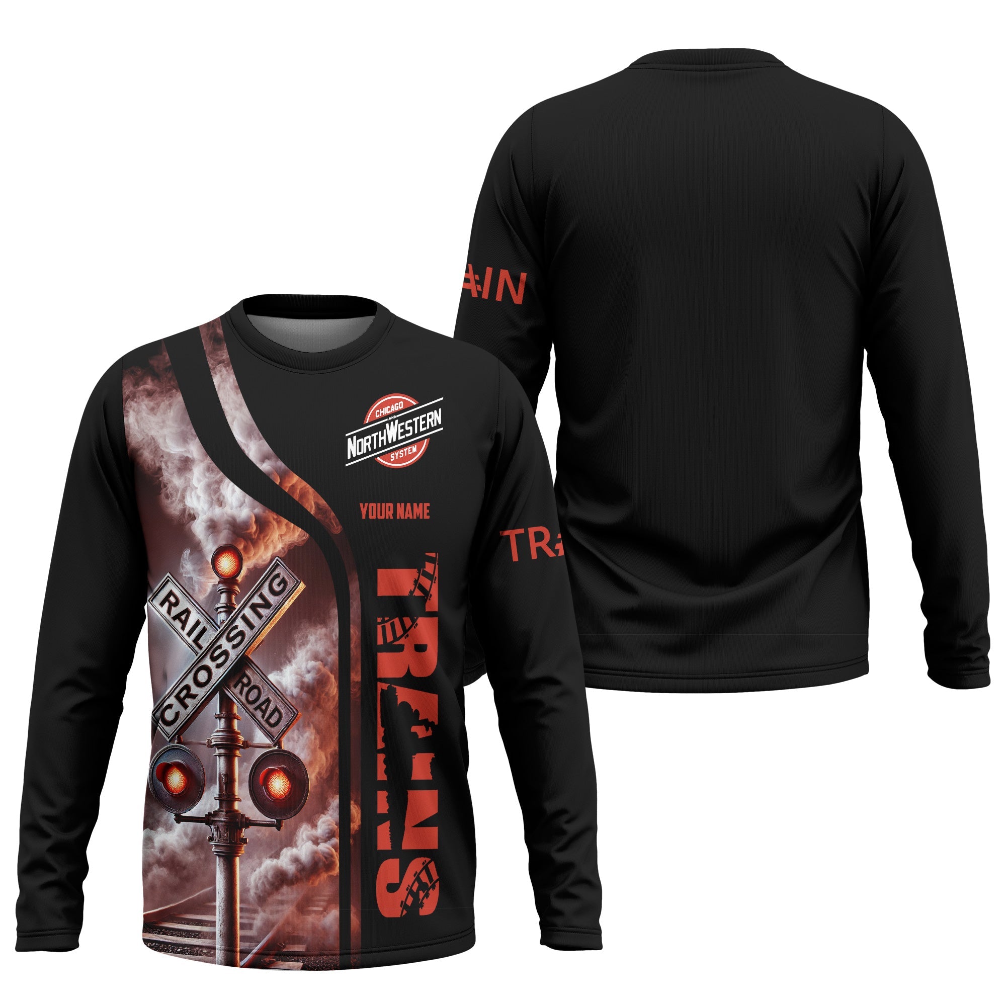 Railspirit Custom Name Chicago and North Western Railway Long Sleeve Shirt Railroad Crossing Sign Printed Train Shirt
