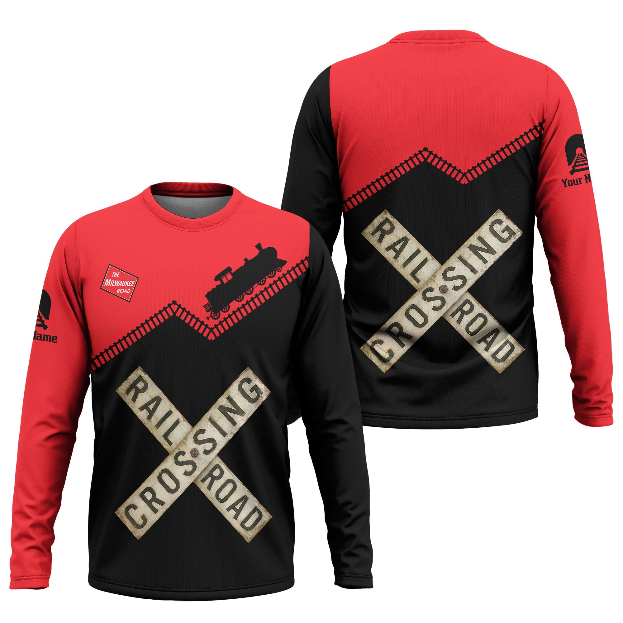 Railspirit Personalized Chicago, Milwaukee, St. Paul and Pacific Railroad Long Sleeve Shirt Railroad Crossing Printed Train Track Shirt