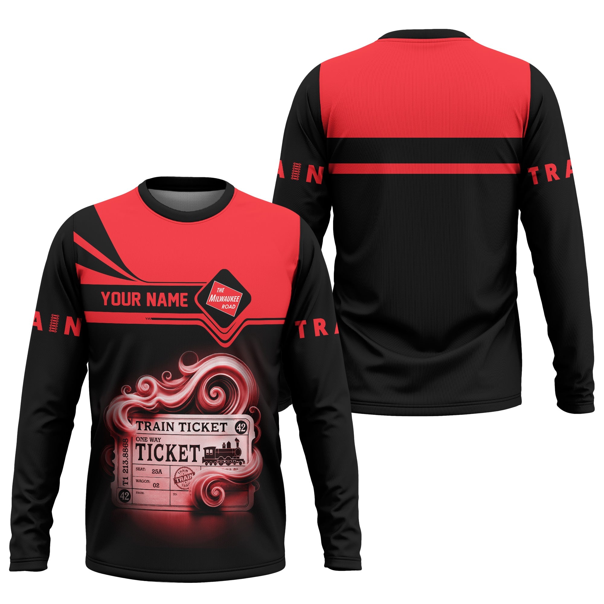 Railspirit Custom Name Chicago, Milwaukee, St. Paul and Pacific Railroad Long Sleeve Shirt American Train Ticket Milwaukee Road Printed Shirt